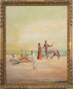 American Modernist Surreal Beach Scene Framed Figural Original Oil Painting