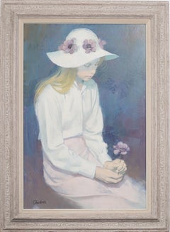 American Modernist Young Woman Signed Flower Portrait Framed Oil Painting