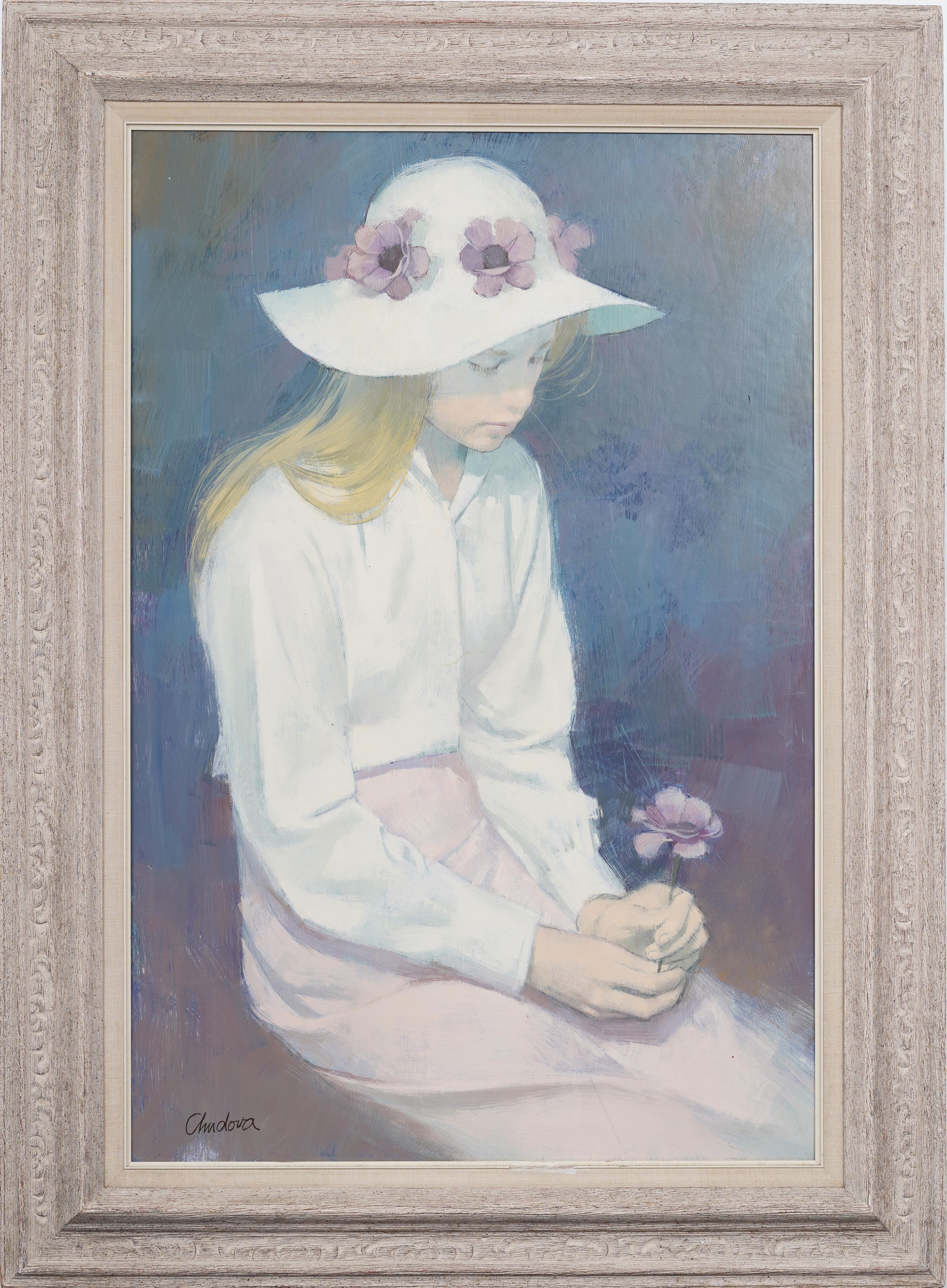Unknown Interior Painting - American Modernist Young Woman Signed Flower Portrait Framed Oil Painting