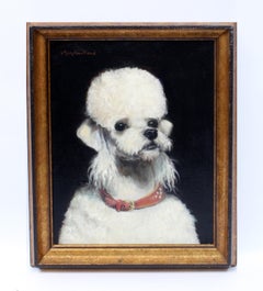Vintage American Oil Painting Realist White Poodle Dog Framed 1940's Female Artist NYC