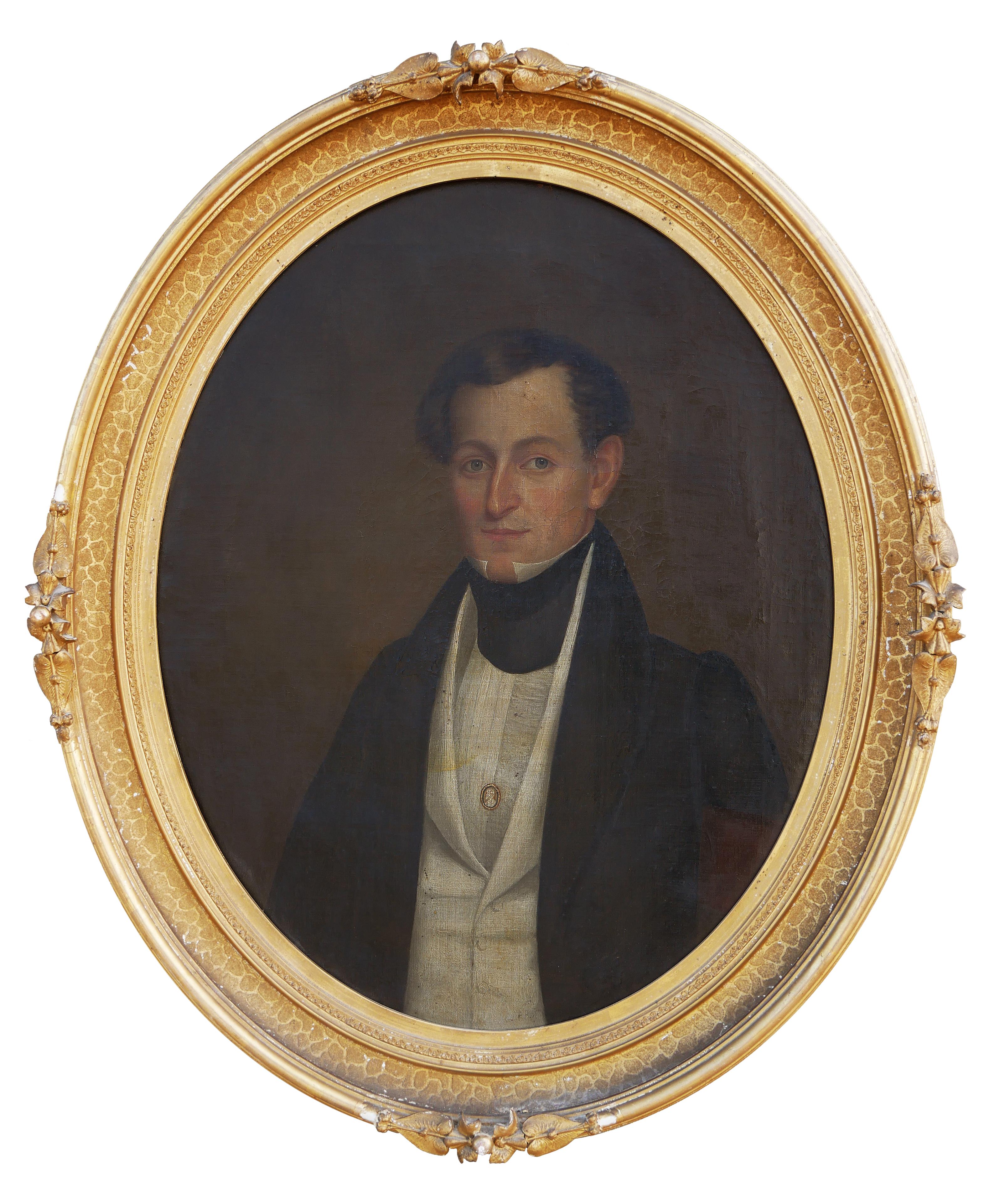 The painting features a 3/4 bust portrait of a gentleman from the Verplanck family of Orange County, New York. The painting shows a young man seated for her portrait in a fine black jacket and a white shirt. He exhibits an intense yet friendly face.