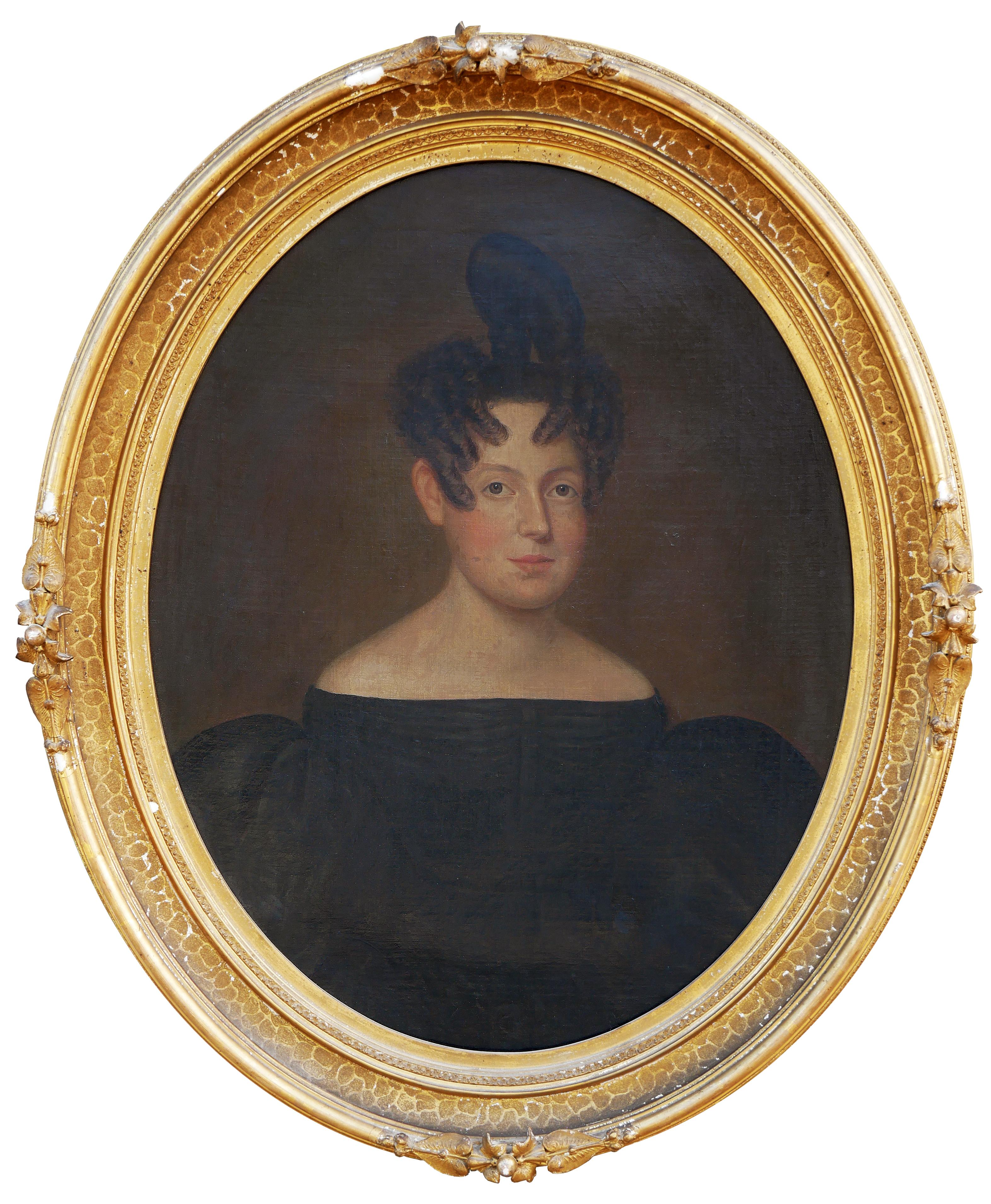 The painting features a 3/4 bust portrait of a refined lady from the Verplanck family of Orange County, New York. The painting shows a young woman seated for her portrait in a fine black dress and a unique hairstyle. She has a pleasant and relaxed