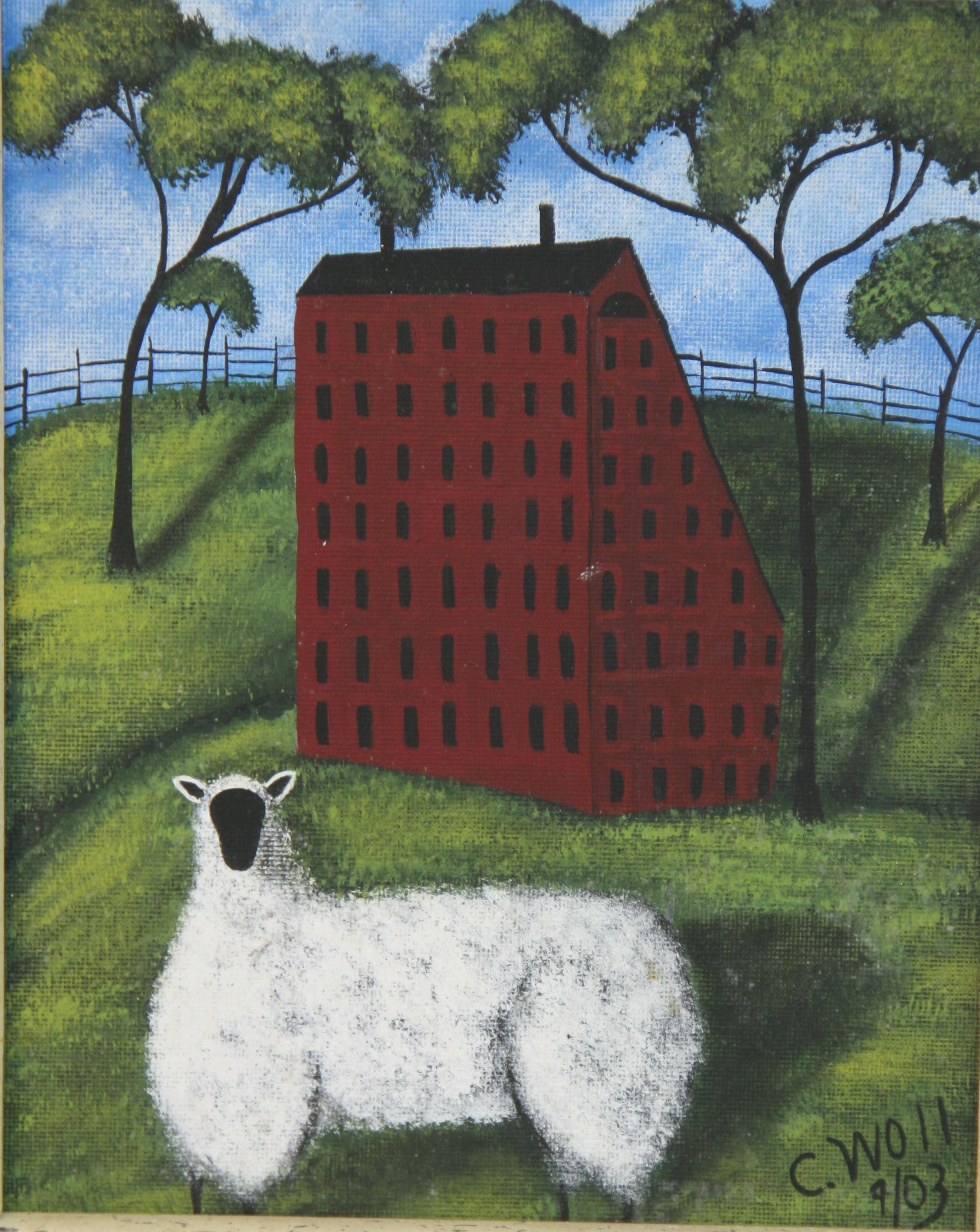 Amerikanische primaritive Schafe im Feld (Grau), Animal Painting, von Unknown
