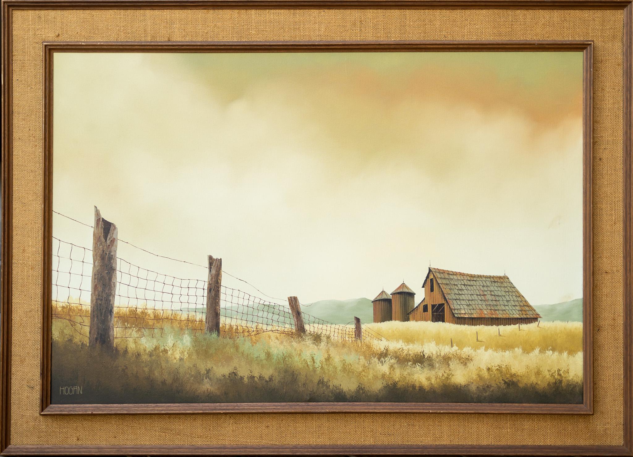Quadro realista americano di paesaggio agricolo della prateria occidentale con fienile e silos - Painting di Unknown