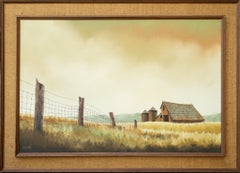 American Realist Western Prairie Farm Landscape Painting with Barn and Silos