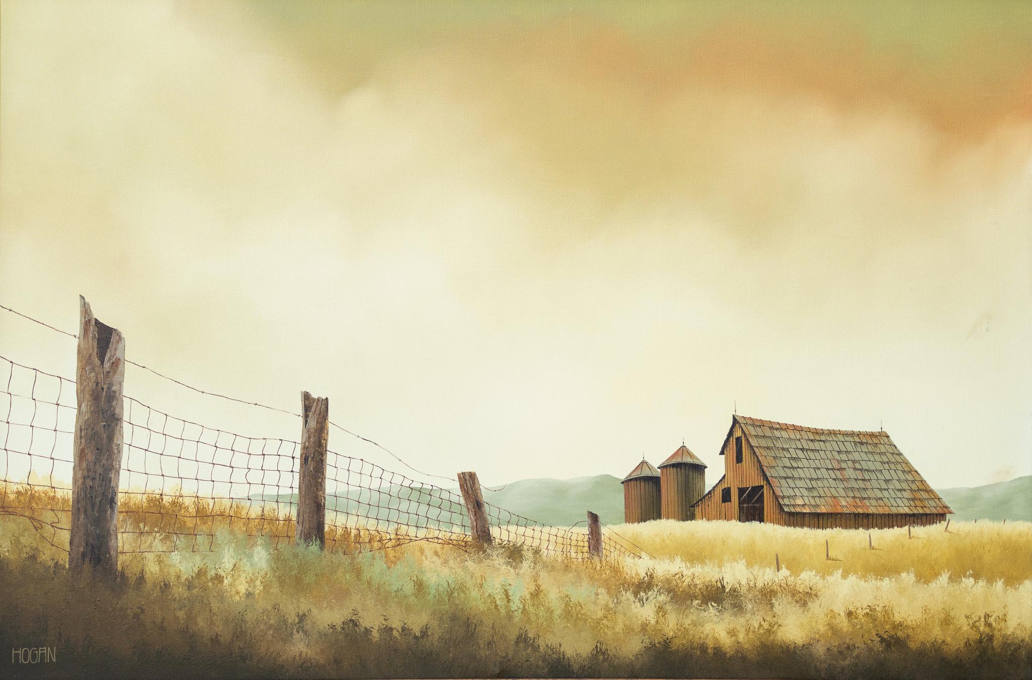 Landscape Painting di Unknown - Quadro realista americano di paesaggio agricolo della prateria occidentale con fienile e silos