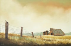 Pintura realista americana de paisaje rural de pradera occidental con granero y silos