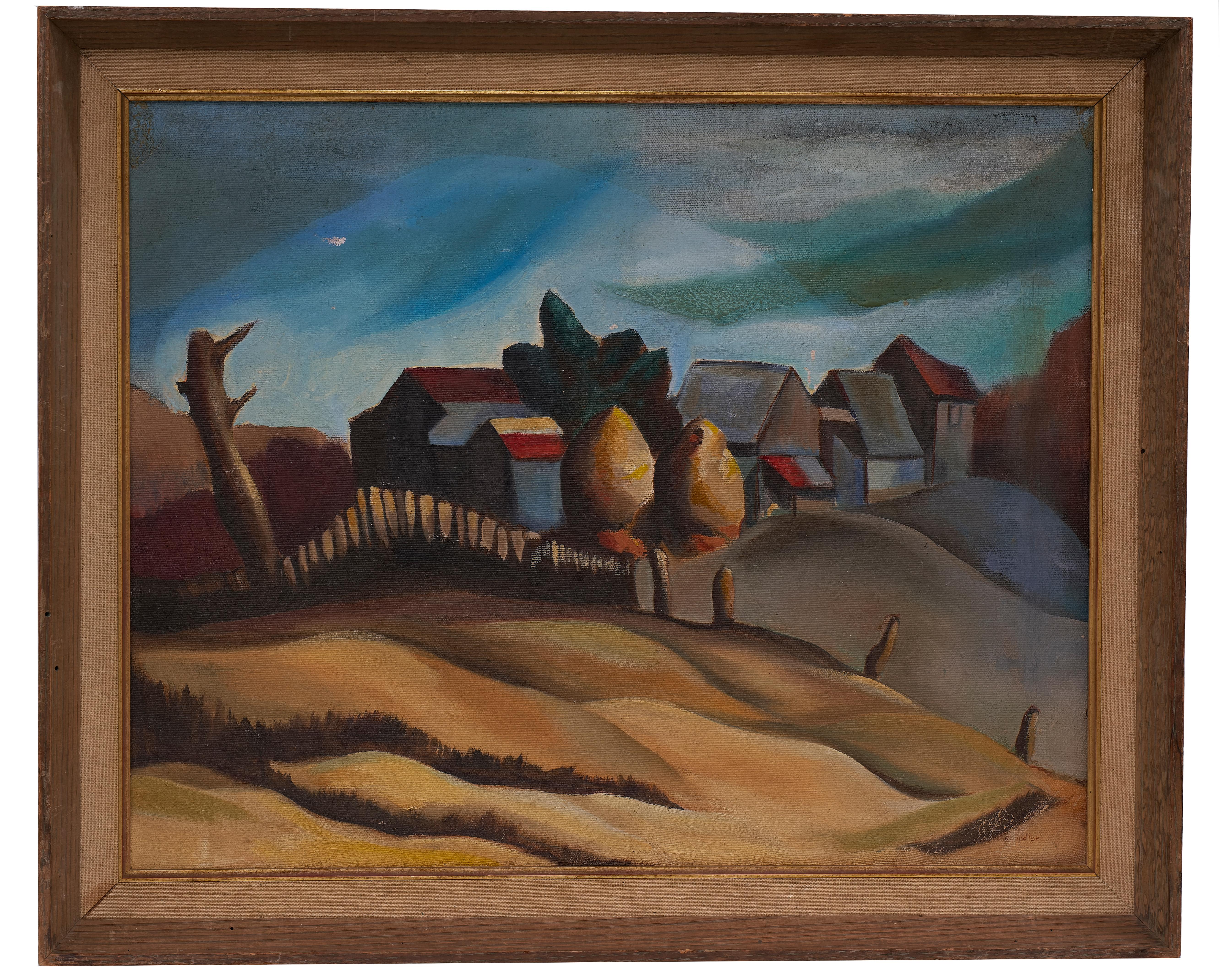 Pittura di paesaggio regionalista americano firmata da un artista misterioso di grande talento - Painting di Unknown