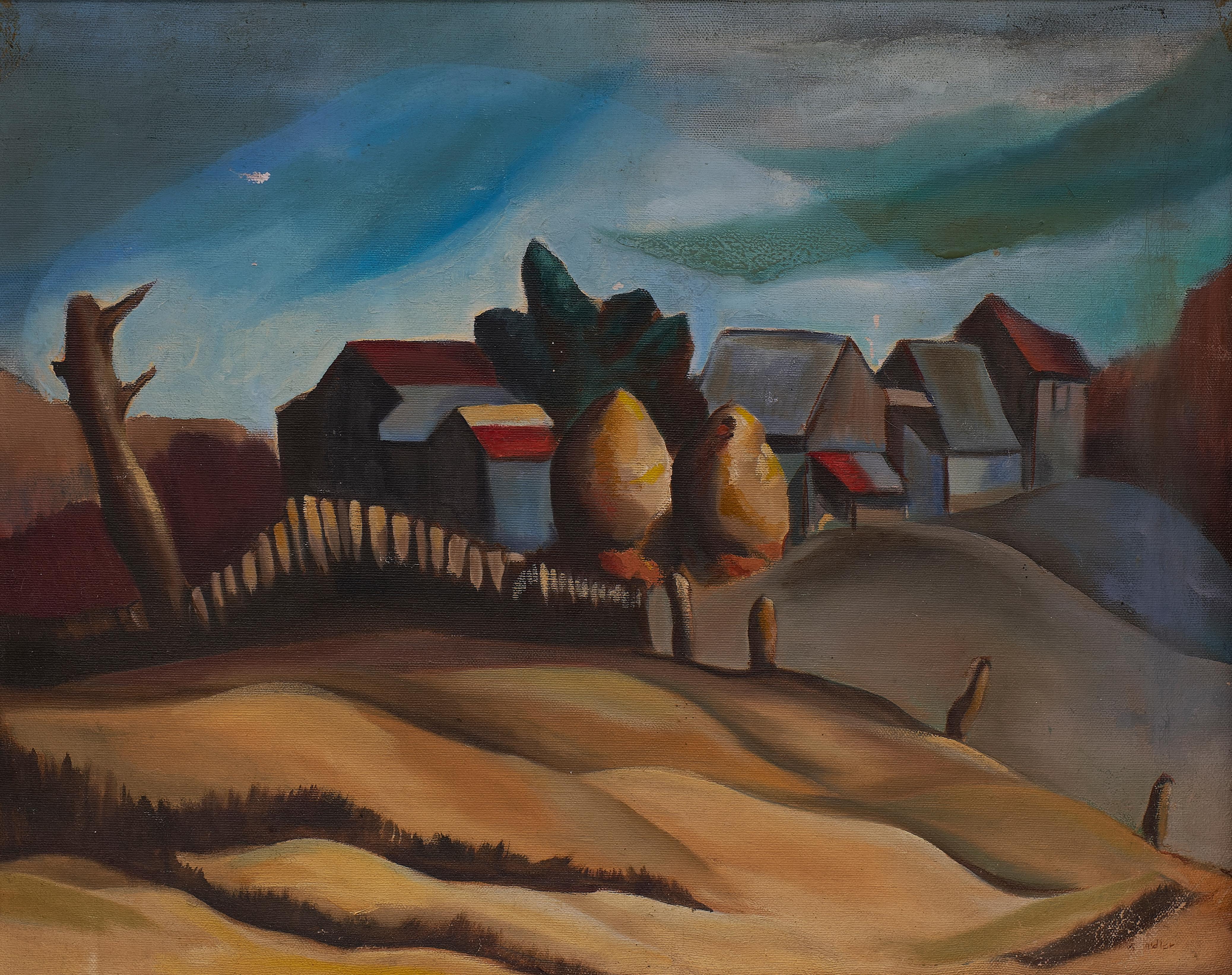 Pittura di paesaggio regionalista americano firmata da un artista misterioso di grande talento - Landscape Painting Nero di Unknown