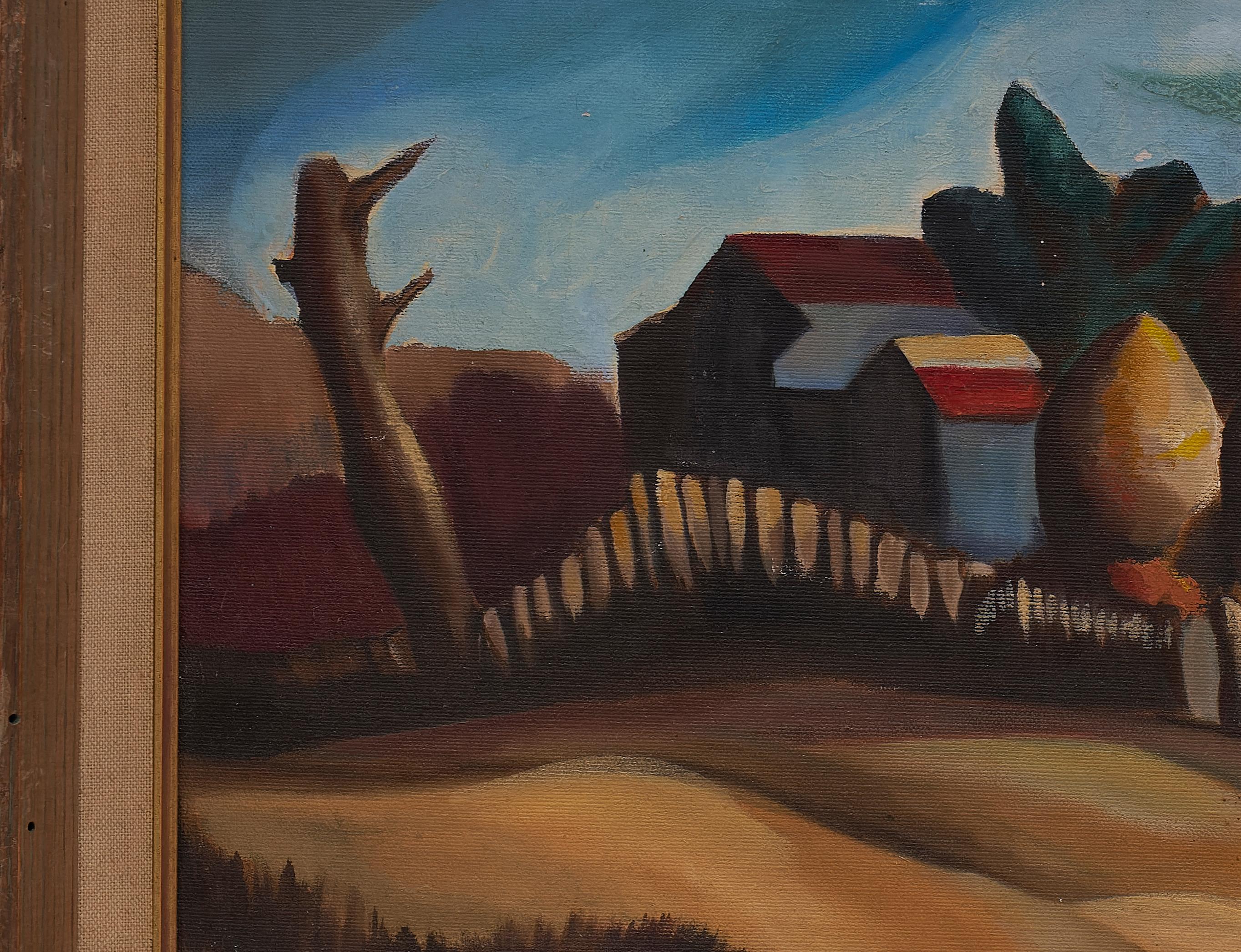 Pittura di paesaggio regionalista americano firmata da un artista misterioso di grande talento in vendita 1