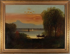American School 1837 Oil - An Evening On The Lake