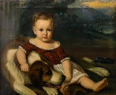 American School 19th Century Oil - Portrait of a Child with a Saint Bernard