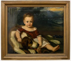 American School 19th Century Oil - Portrait of a Child with a Saint Bernard