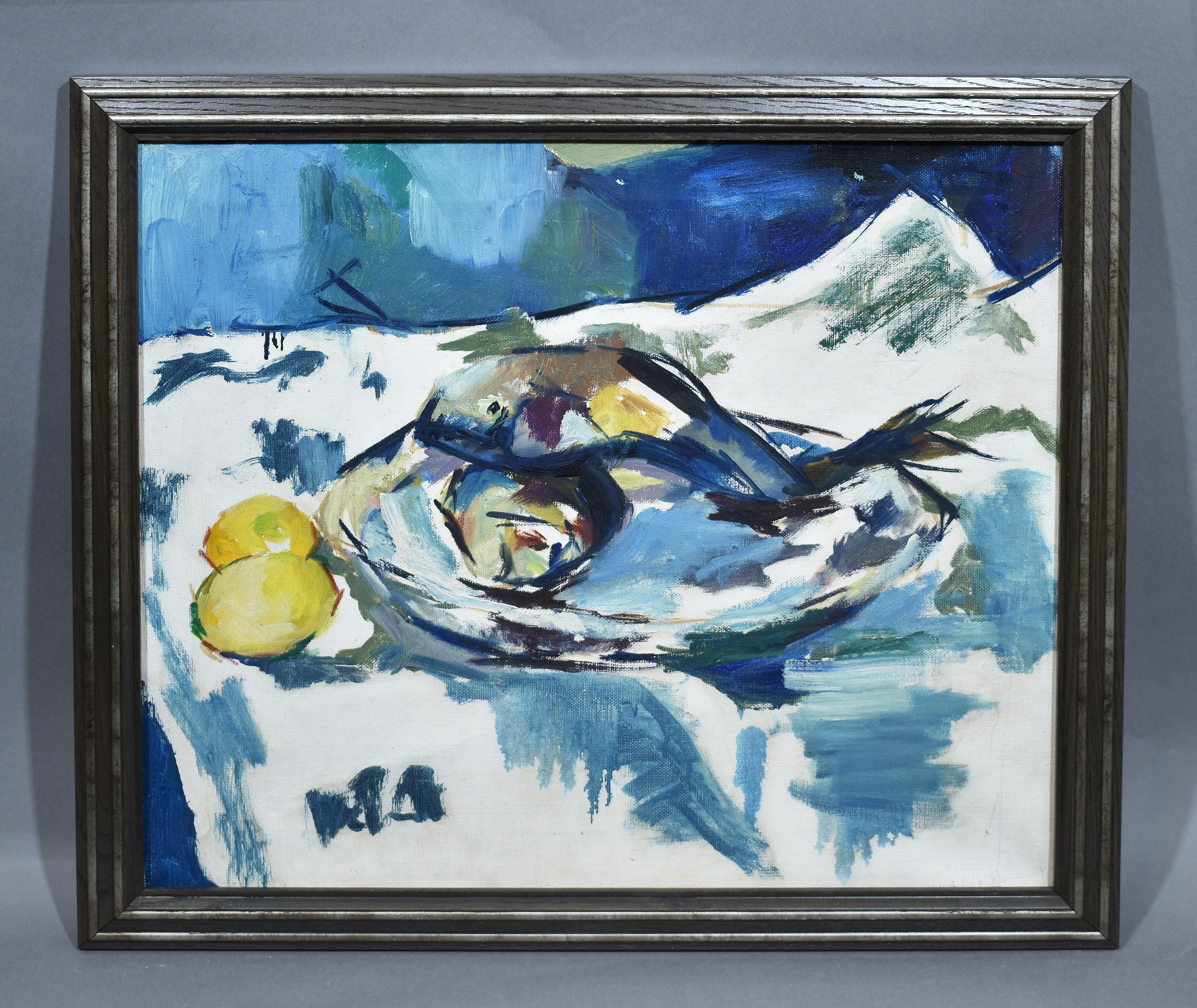 Abstraktes kubistisches Stillleben der amerikanischen Schule mit Fischen und Zitronen:: Ölgemälde – Painting von Unknown