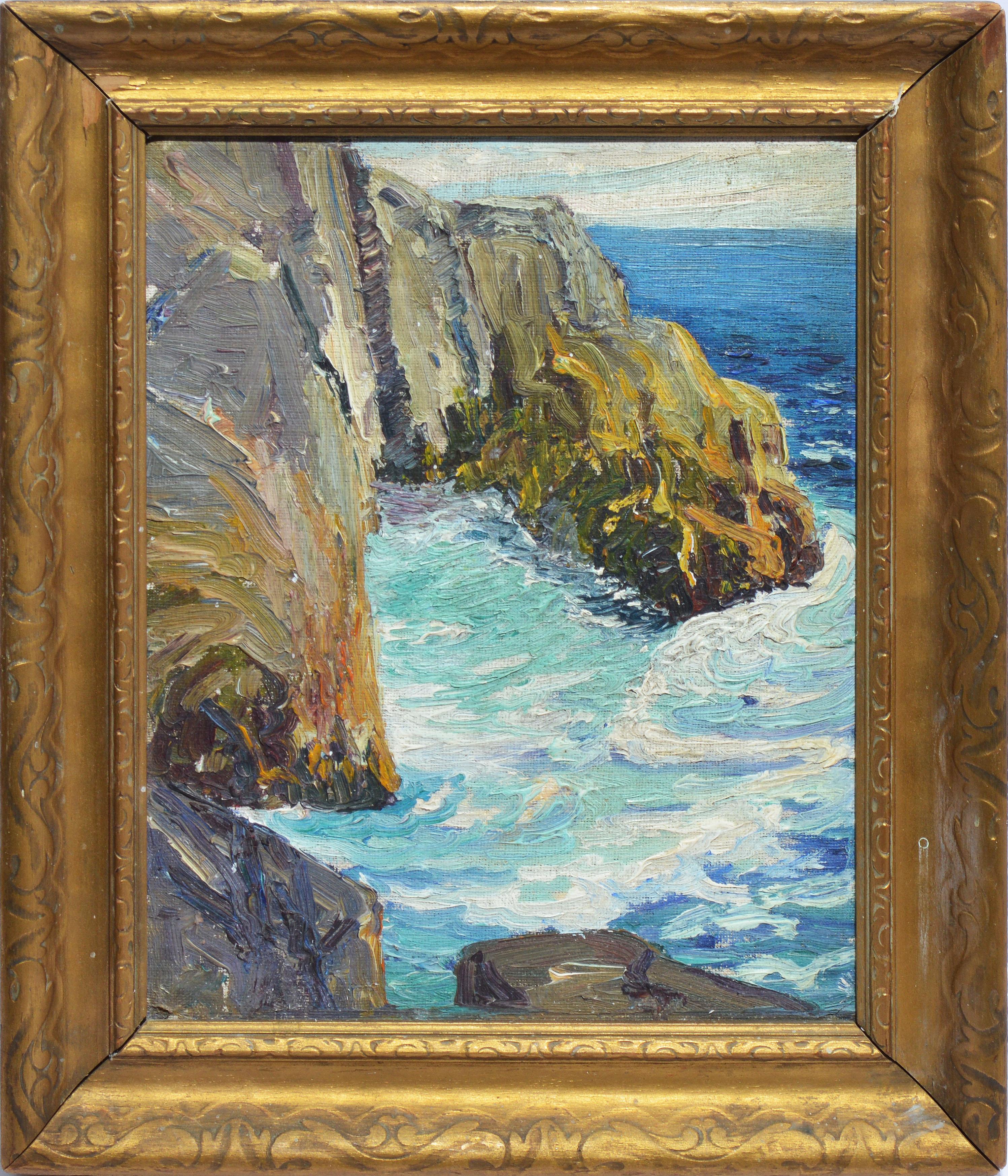 Unknown Landscape Painting - American School Antique California Impressionist Coastal Ocean Oil Painting