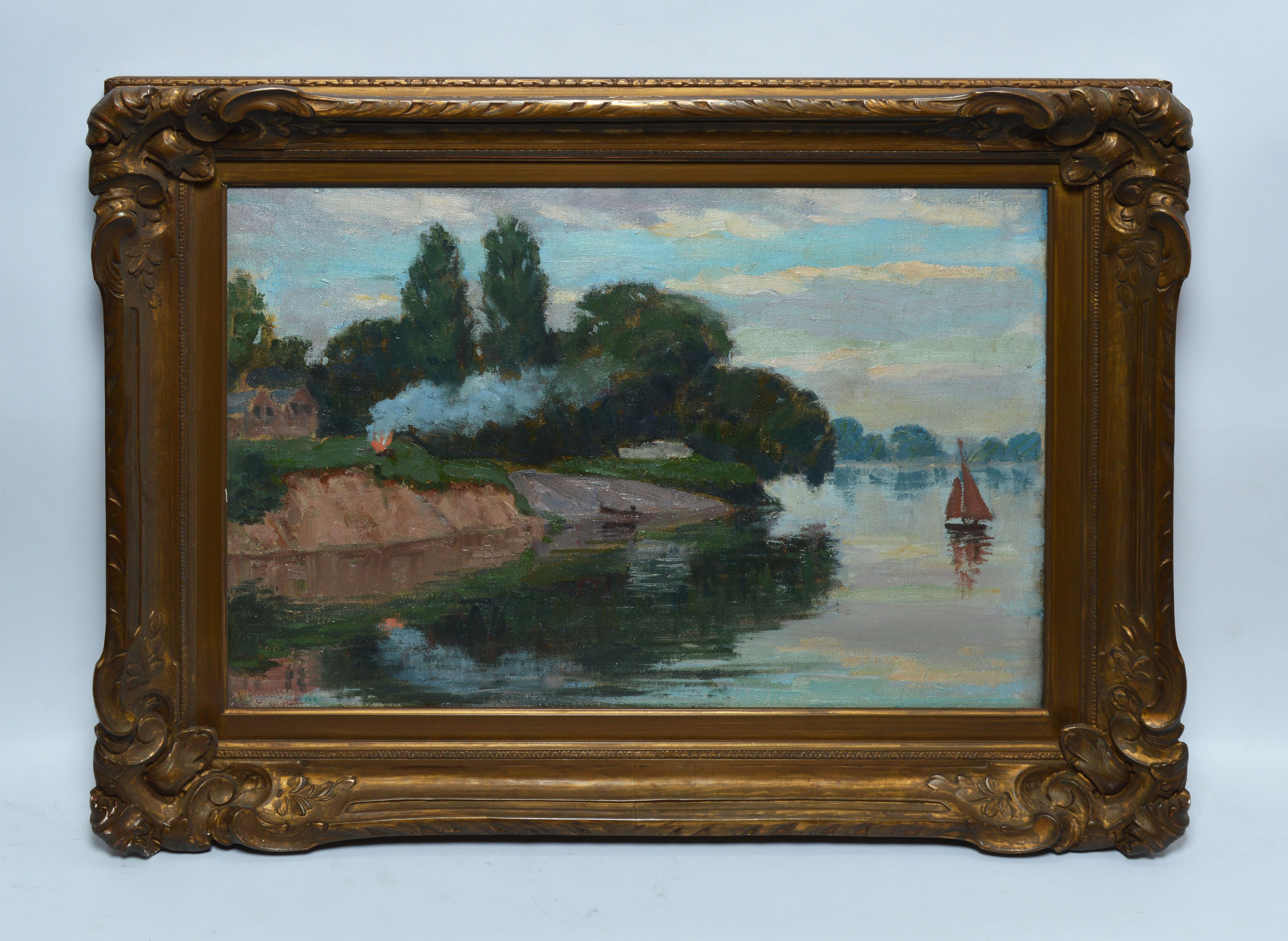 Antique American school impressionist painting.  Oil on canvas, circa 1920.  Unsigned.  Displayed in a period impressionist frame.  Image size, 22
