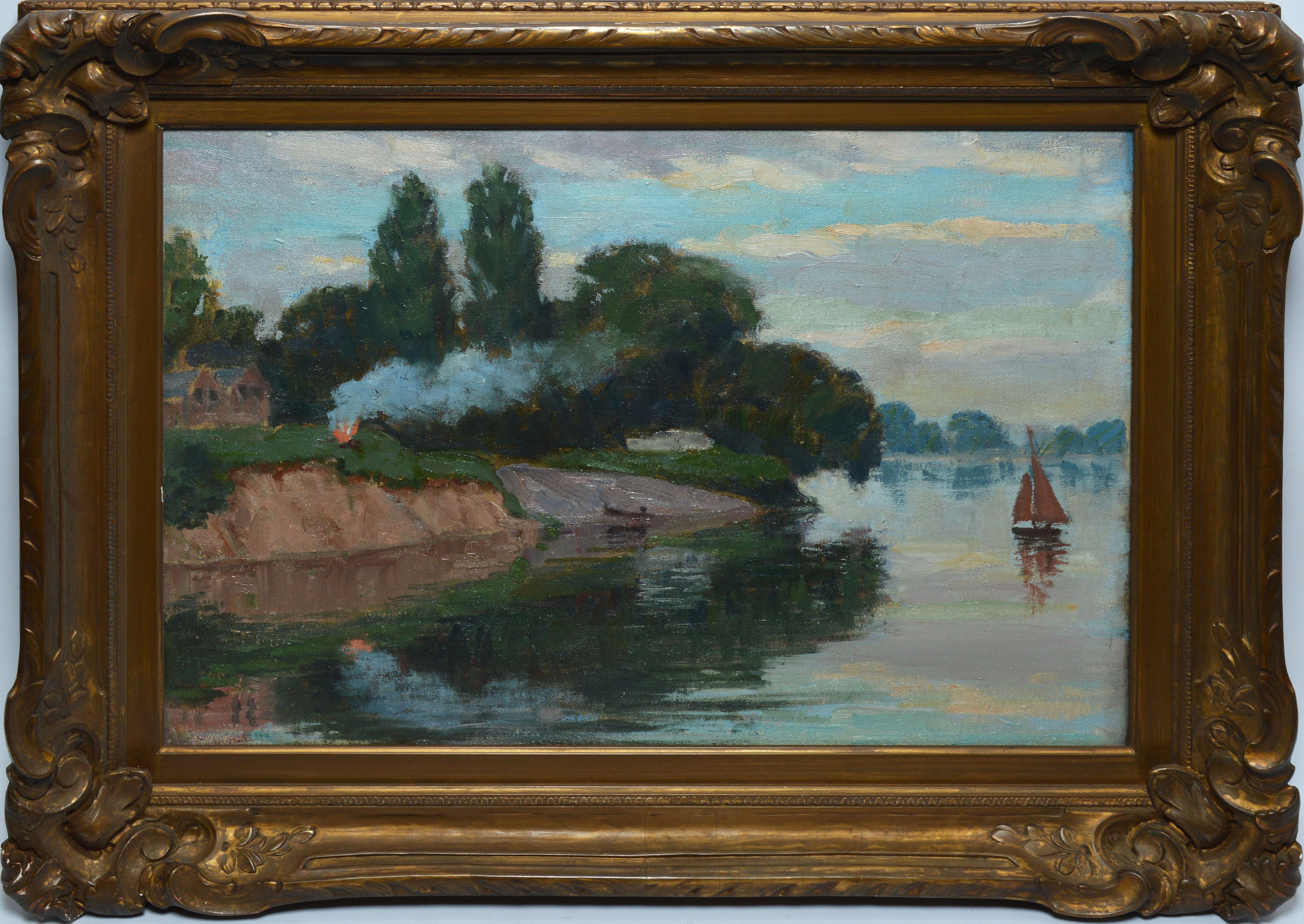 Unknown Animal Painting - American School, Antique Impressionist Double Sided River Oil Painting 