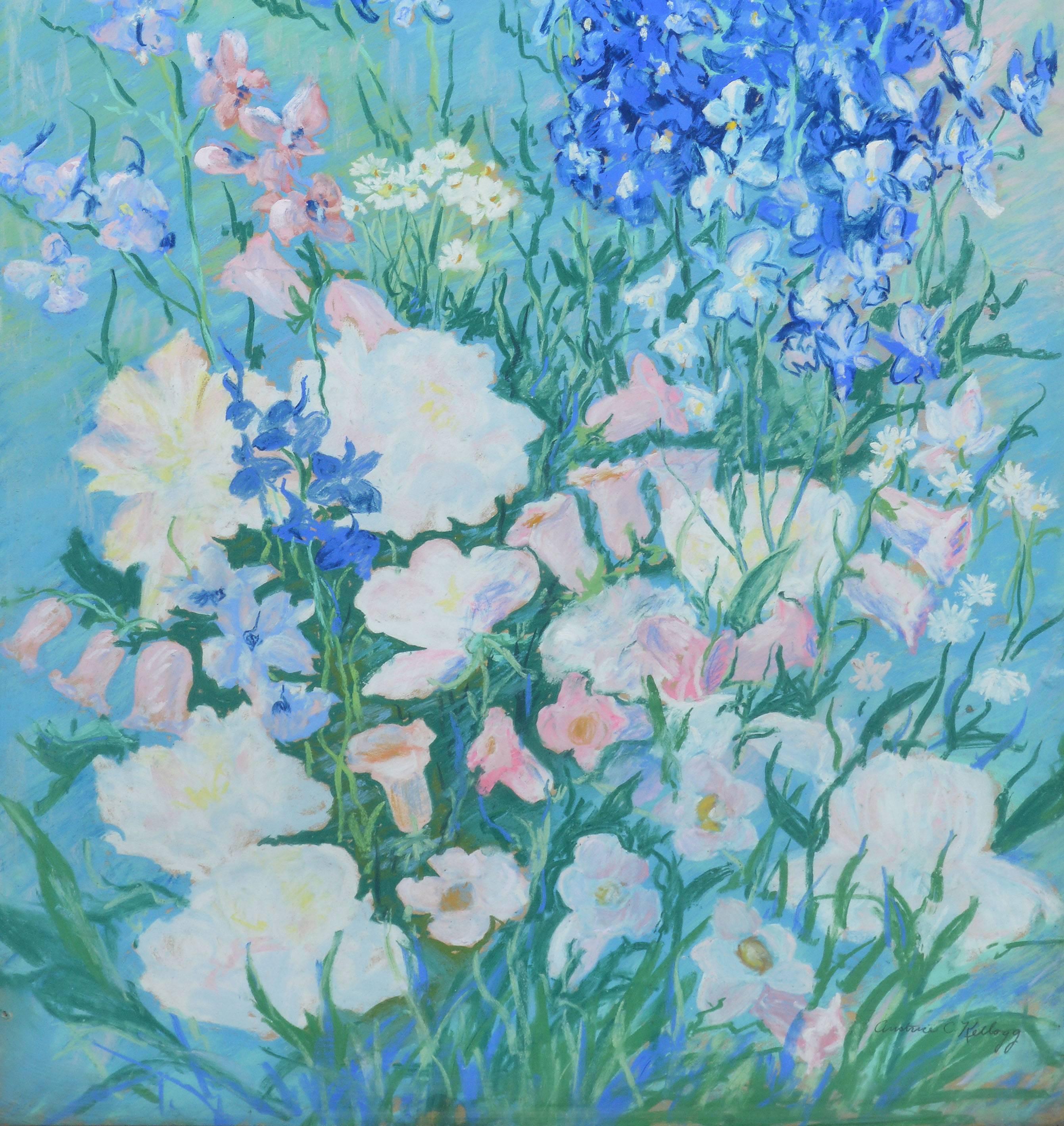 American School Art Deco Flower Still Life - Blue Still-Life Painting by Unknown