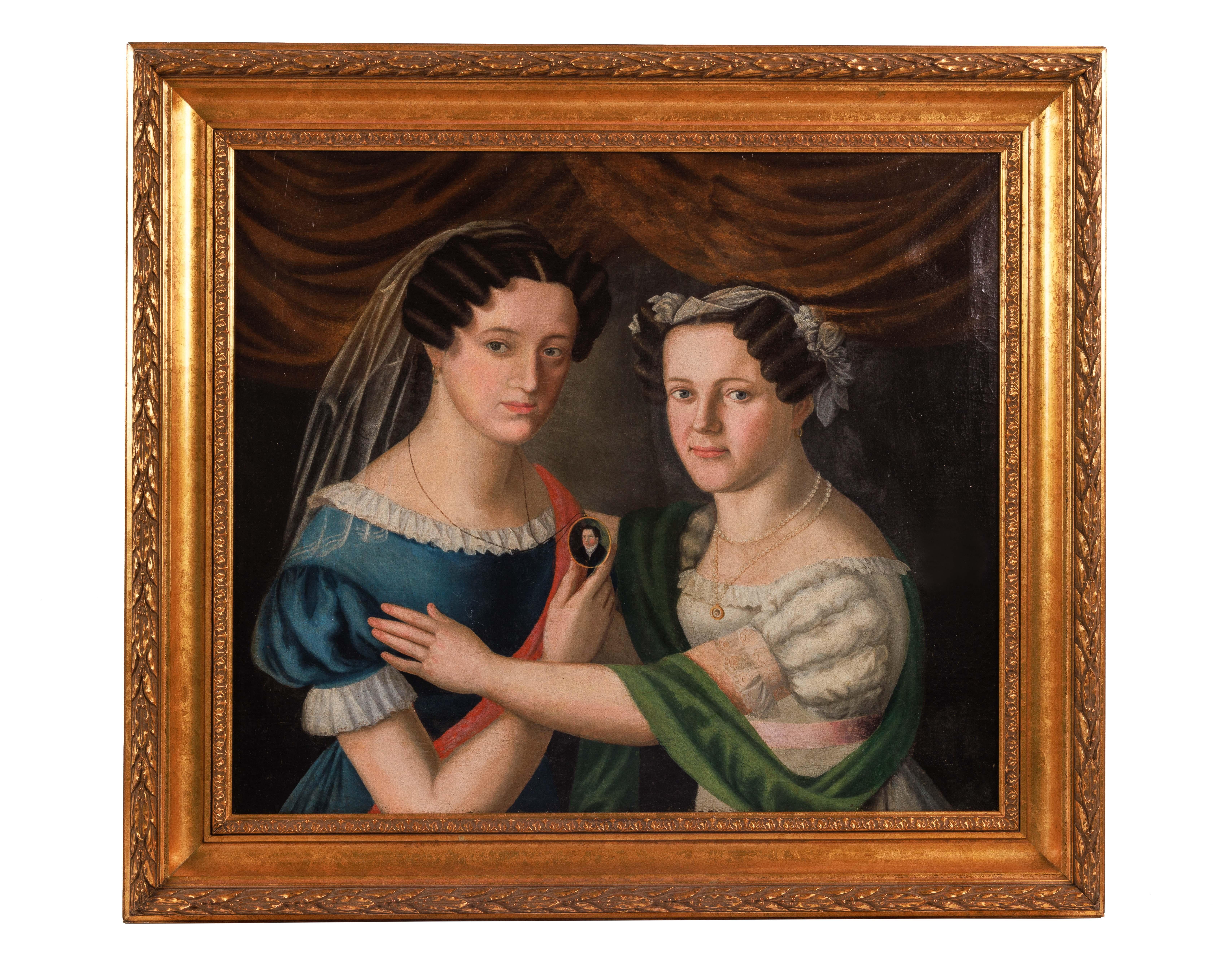 Unknown Figurative Painting - (American School, C. 1825) An Exceptional Quality Portrait of "Two Sisters"