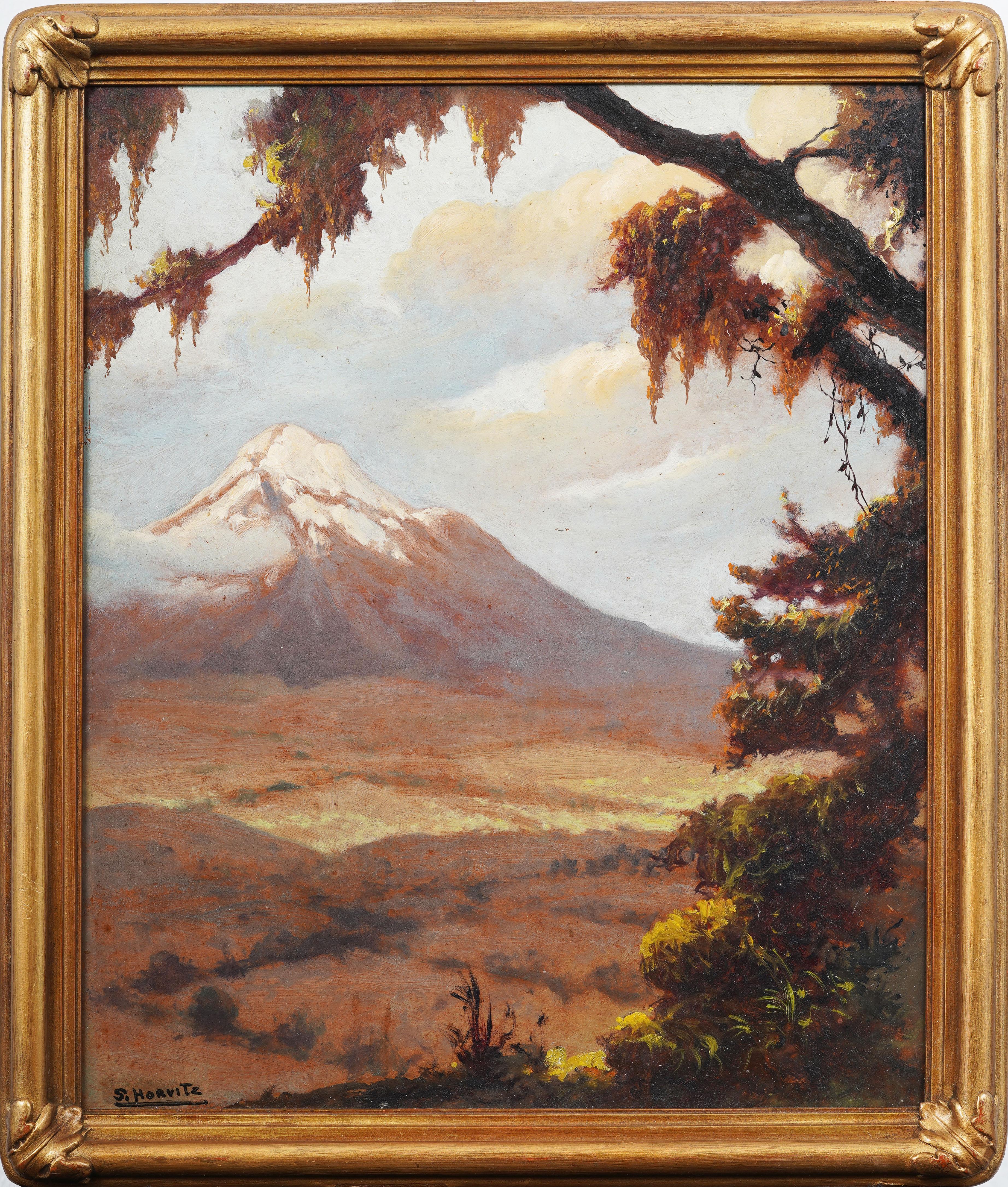 Unknown Landscape Painting - American School California Framed Mountain Western Snowy Landscape Oil Painting