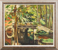 American School Cubist Abstract Landscape Framed Modernist Oil Painting