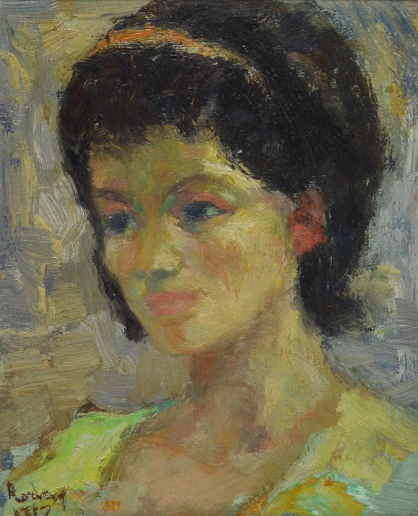 American School Early Impressionist Portrait of a Young Woman - Brown Portrait Painting by Unknown