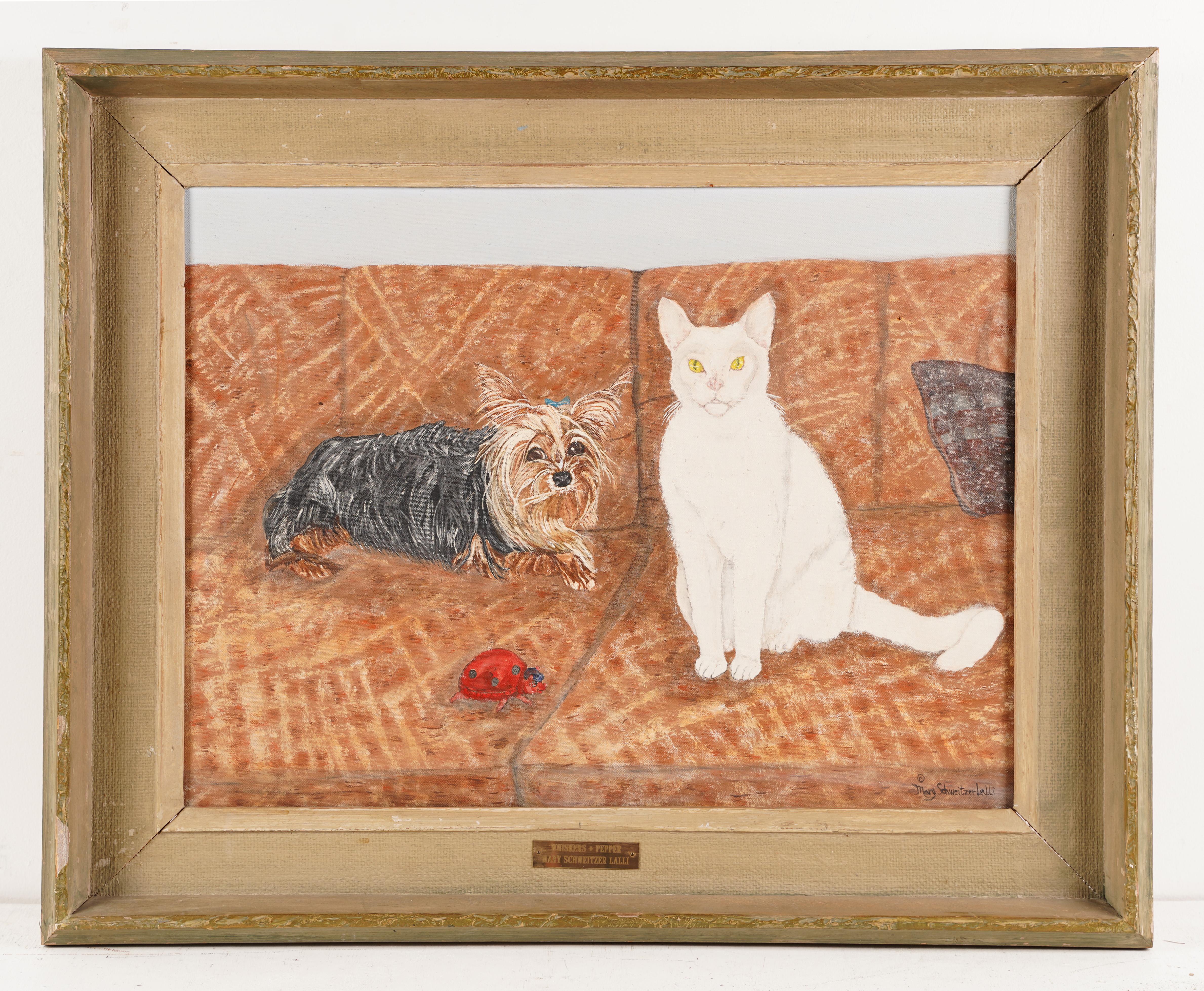 Peinture à l'huile - Peinture d'un chien, d'un chat et d'un coccinelle de l'école américaine - Art populaire Yorkie - Artisanat Painting par Unknown