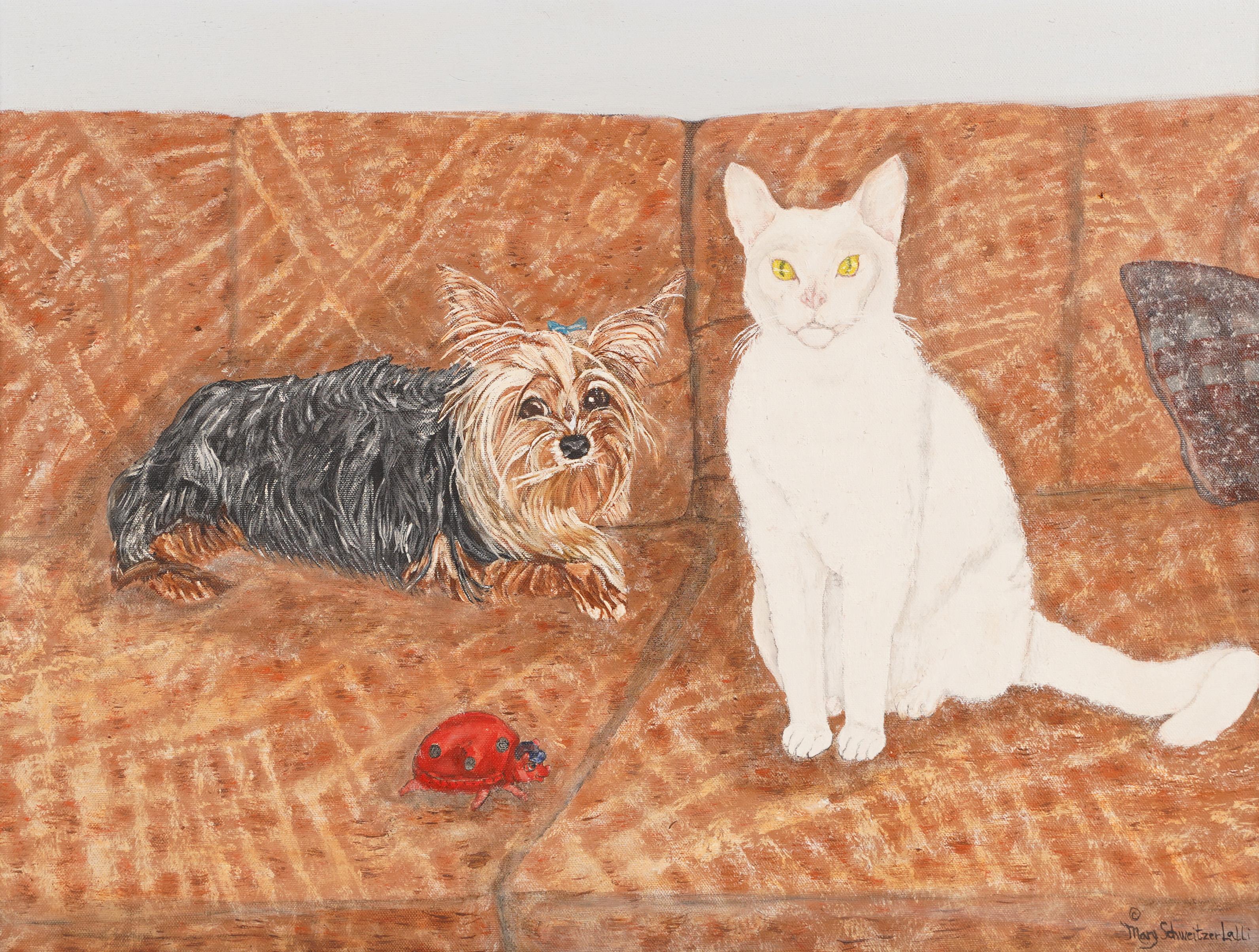 Peinture à l'huile - Peinture d'un chien, d'un chat et d'un coccinelle de l'école américaine - Art populaire Yorkie - Marron Animal Painting par Unknown