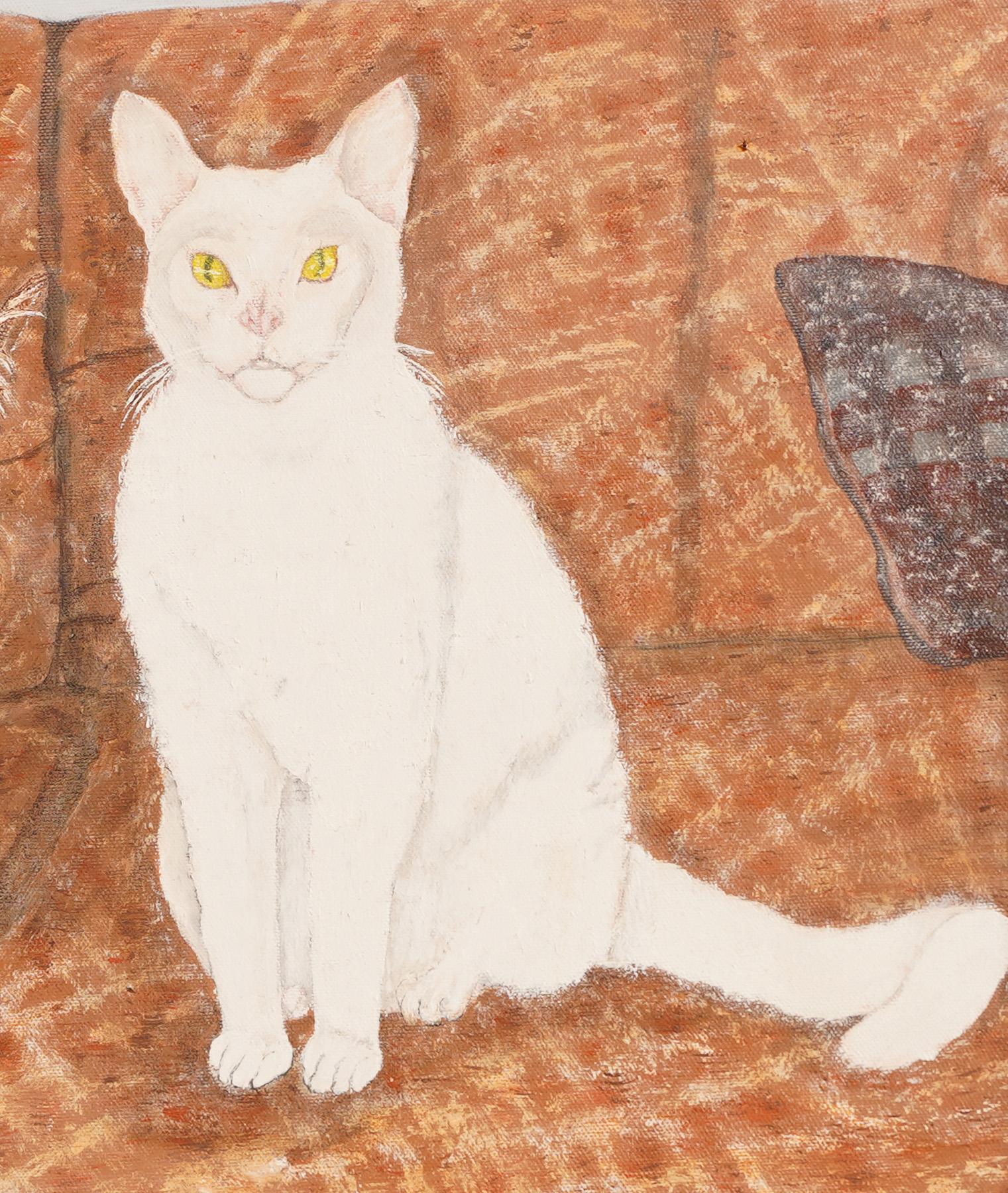 Peinture à l'huile - Peinture d'un chien, d'un chat et d'un coccinelle de l'école américaine - Art populaire Yorkie 1