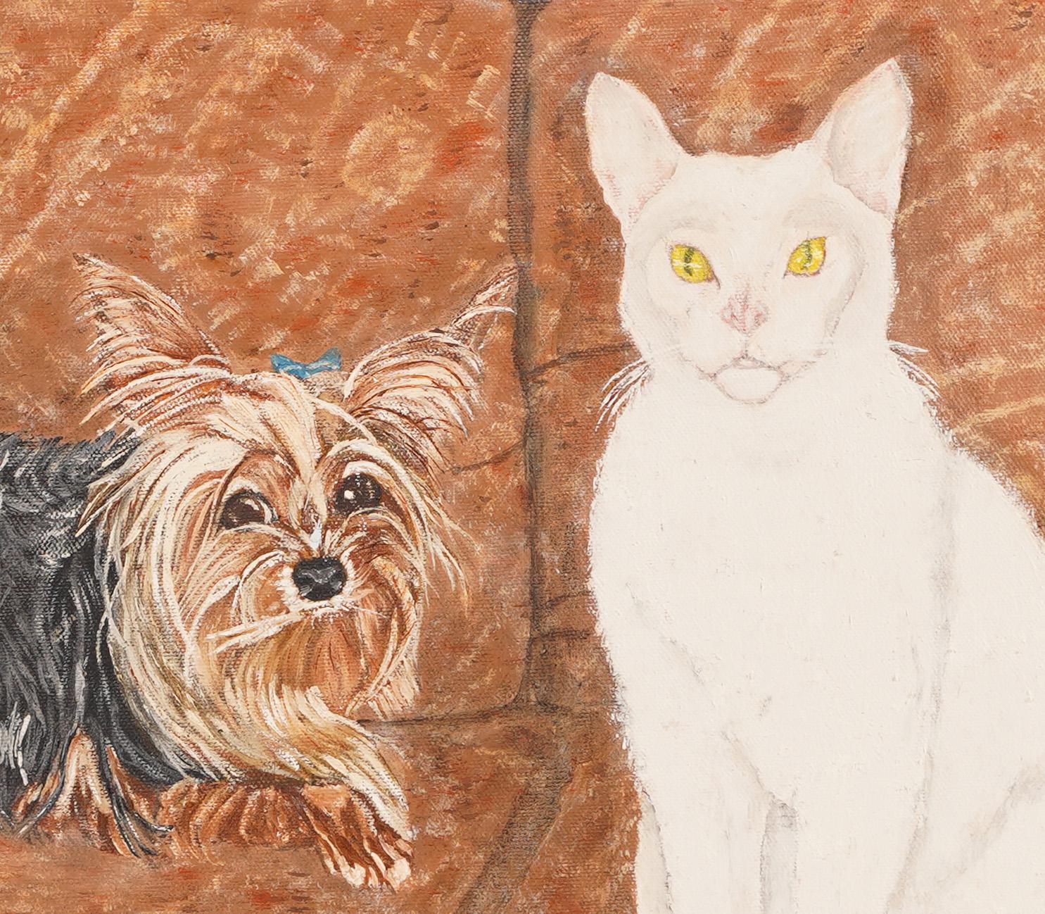 Peinture à l'huile - Peinture d'un chien, d'un chat et d'un coccinelle de l'école américaine - Art populaire Yorkie 2