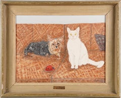 American School Folk Art Yorkie Dog Cat and Ladybug Animal Oil Painting