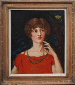 American School Full Moonlit Modernist Woman Portrait Original Framed Painting