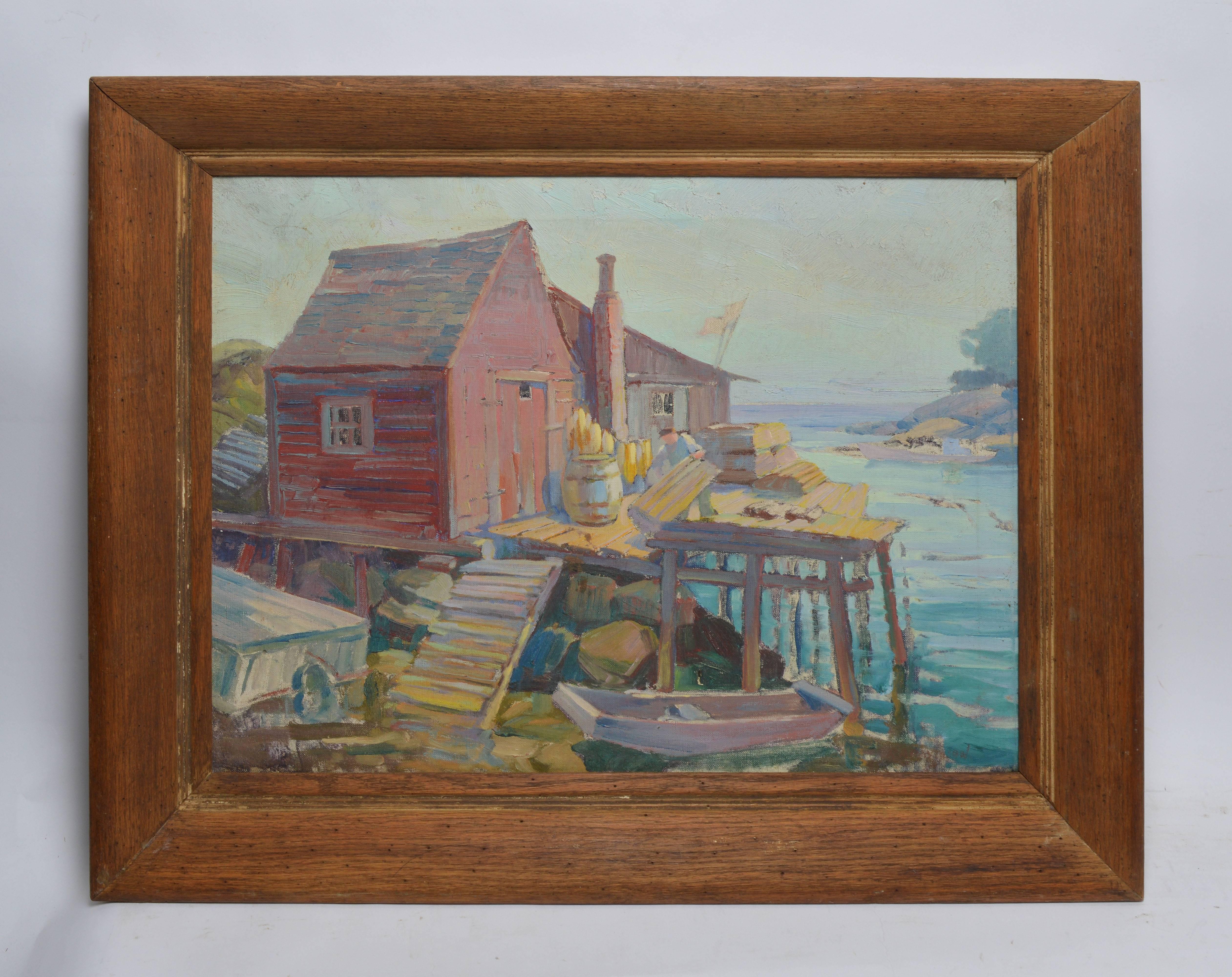 American School Gloucester Harbor Fishing Dock Painting - Brown Landscape Painting by Unknown