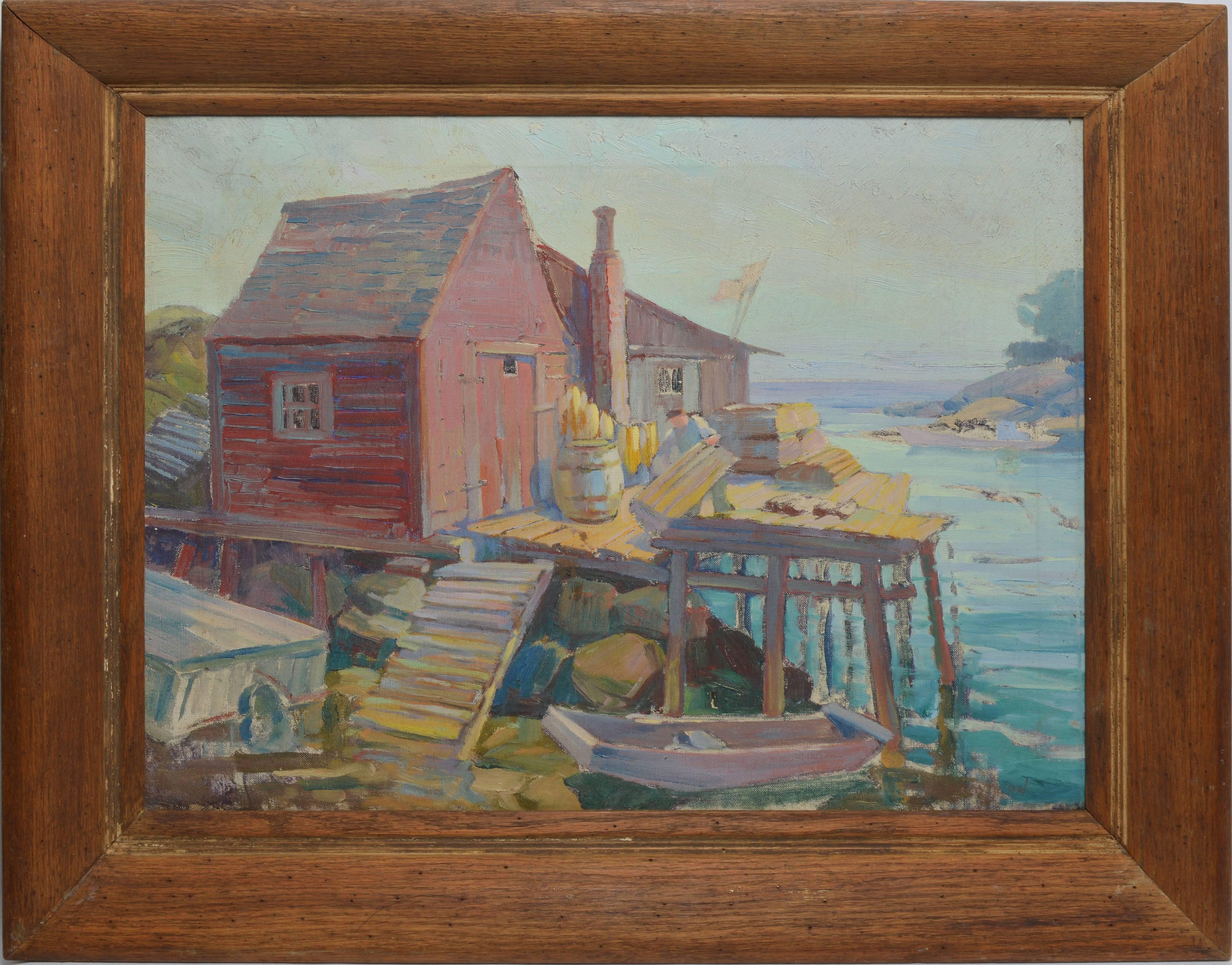 Unknown Landscape Painting - American School Gloucester Harbor Fishing Dock Painting