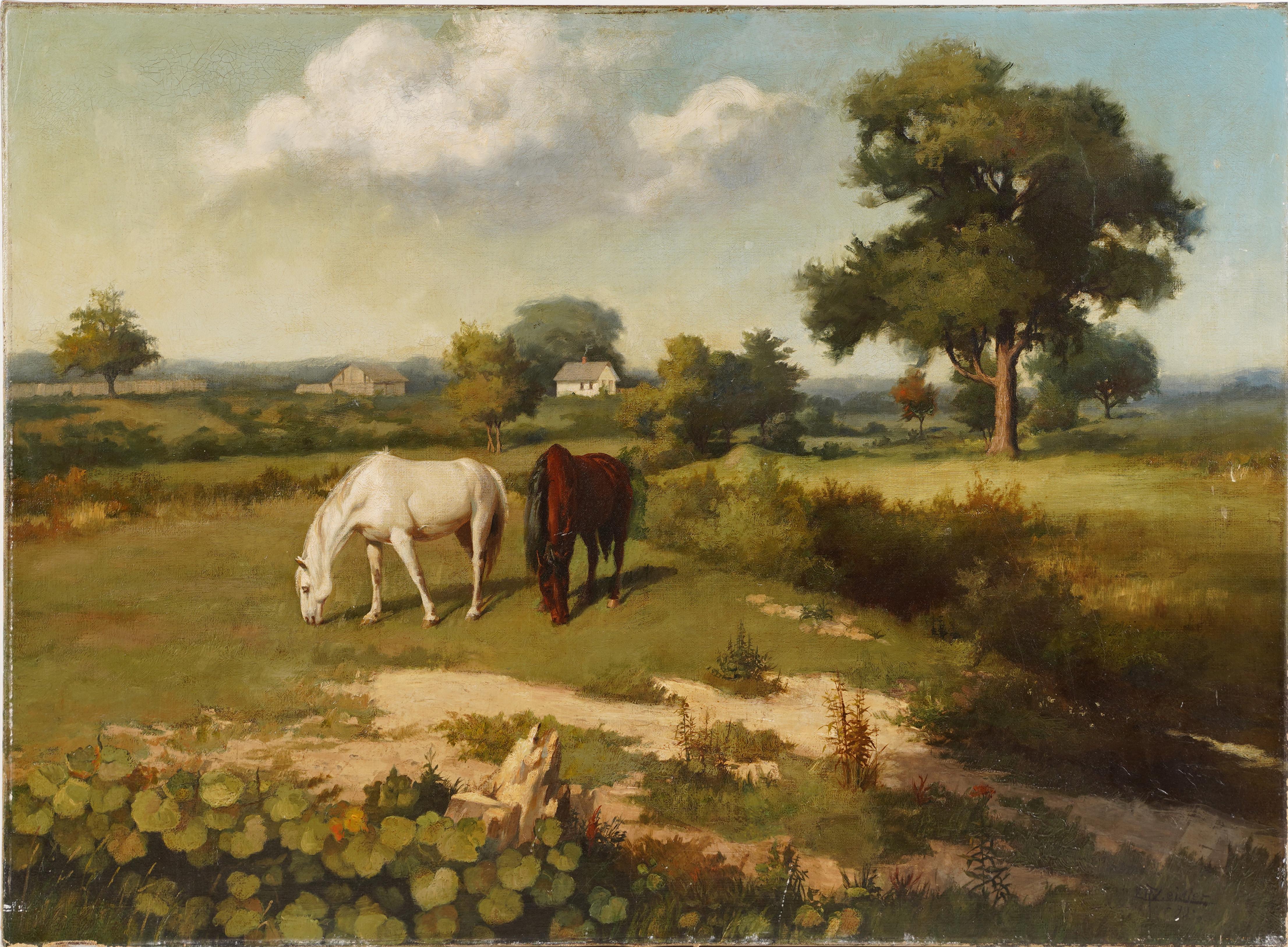 Scuola Americana Cavalli al pascolo Firmato Antico Paesaggio Fattoria Pittura ad olio - Painting di Unknown