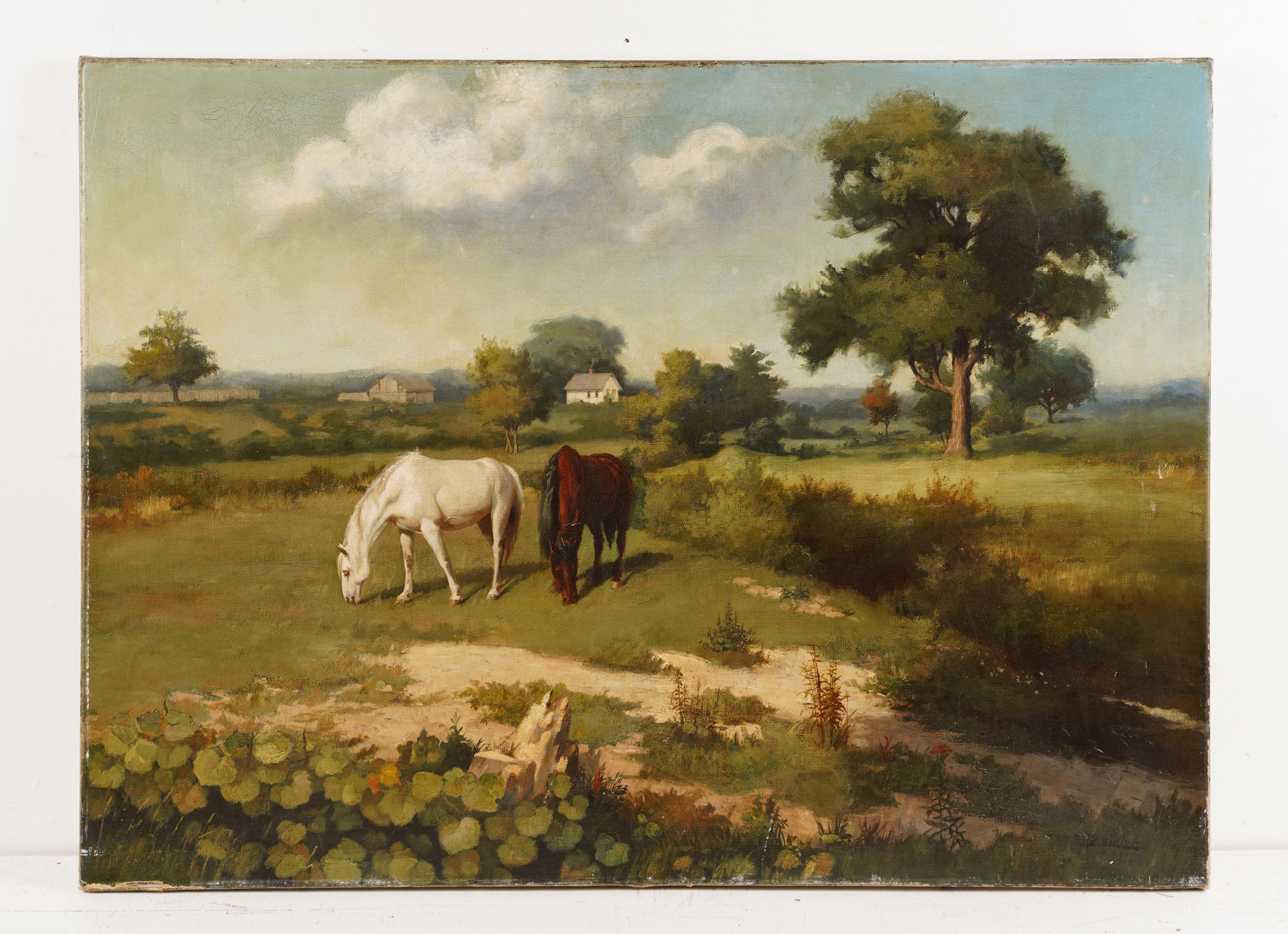 Scuola Americana Cavalli al pascolo Firmato Antico Paesaggio Fattoria Pittura ad olio - Painting Impressionismo di Unknown