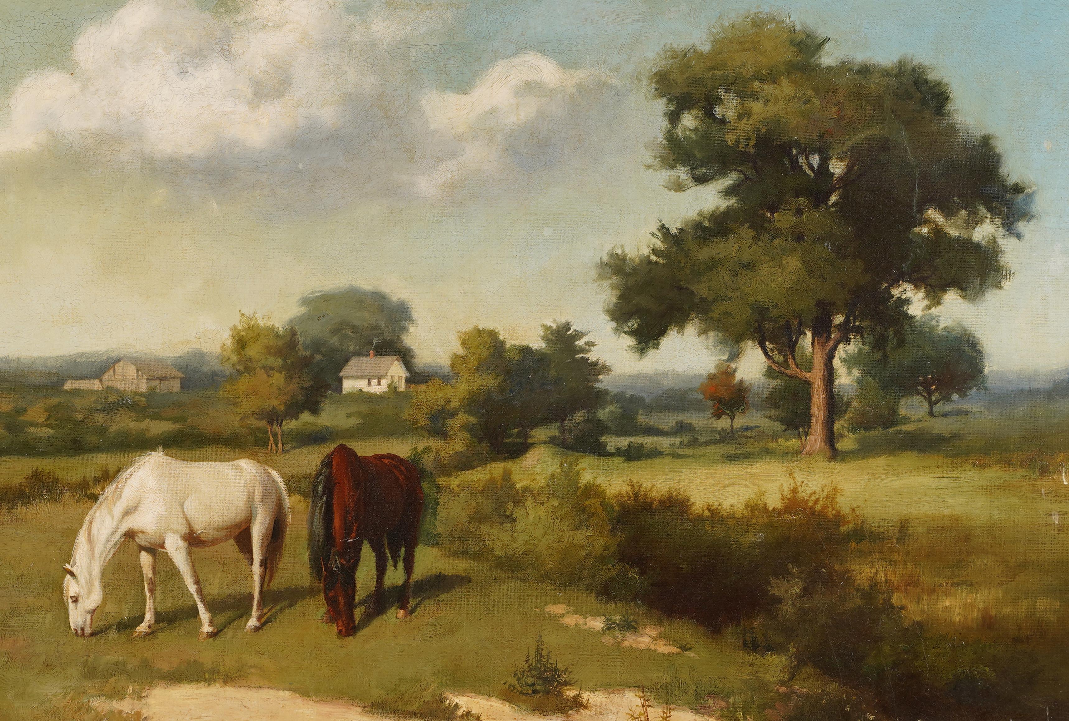 Scuola Americana Cavalli al pascolo Firmato Antico Paesaggio Fattoria Pittura ad olio - Landscape Painting Marrone di Unknown
