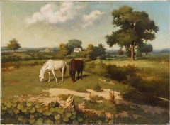 American School Horses Grazing Signed Antique Landscape Farm Oil Painting