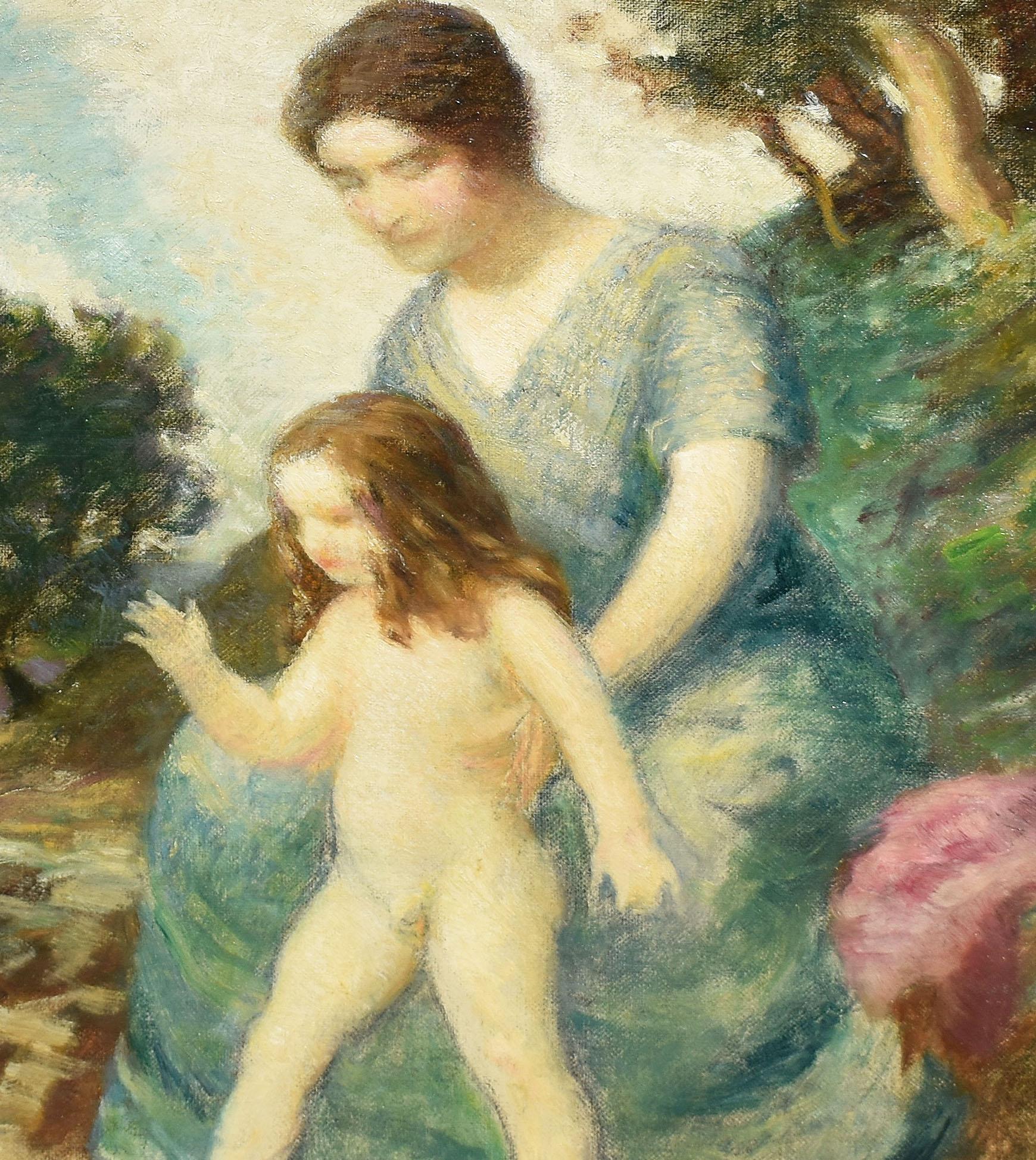 American School Impressionist Mother and Child Portrait Landscape Oil Painting 1
