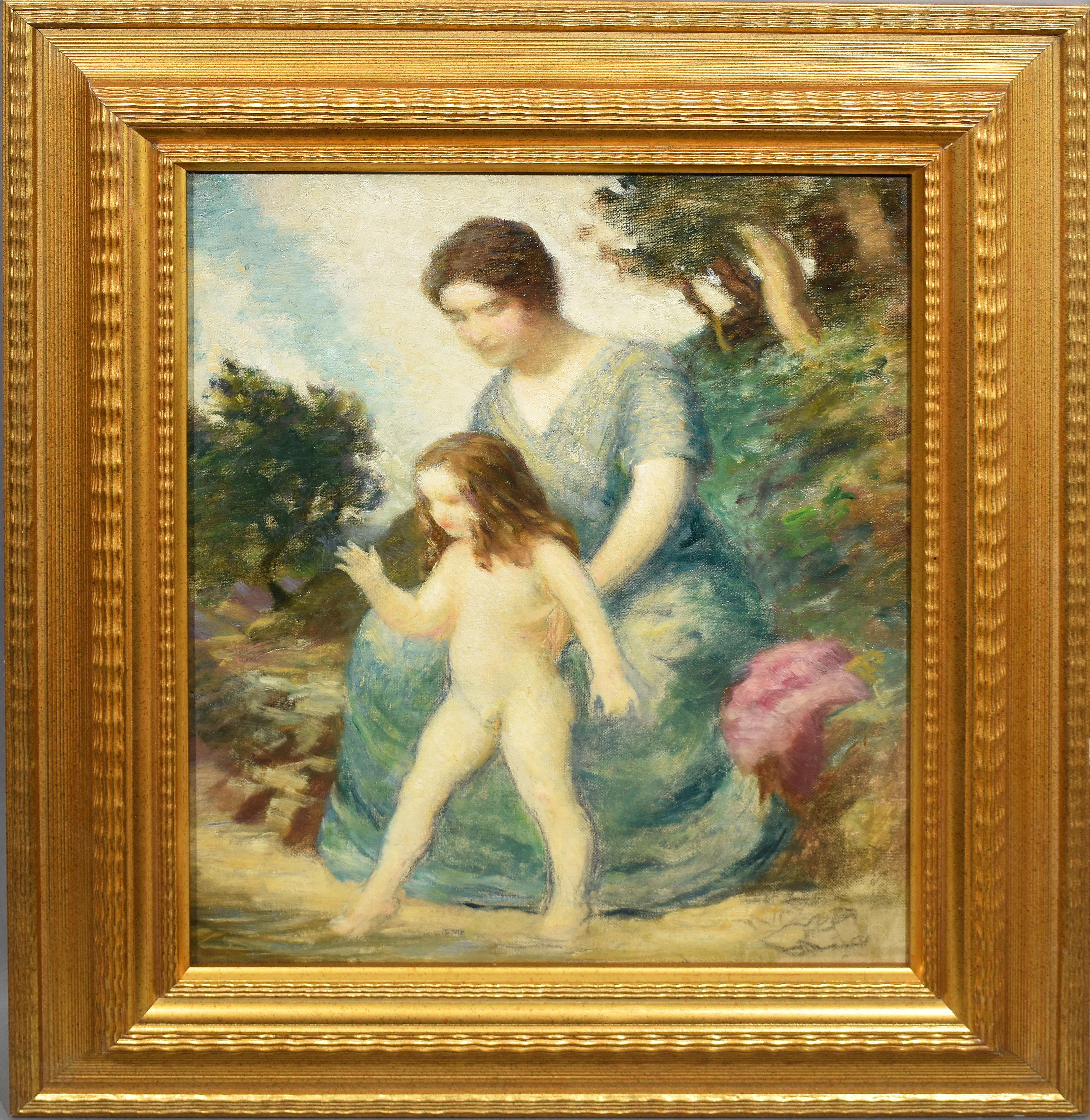 Unknown Landscape Painting - American School Impressionist Mother and Child Portrait Landscape Oil Painting