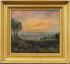 American School Impressionist Sunset Palm Tree Landscape Original Oil Painting