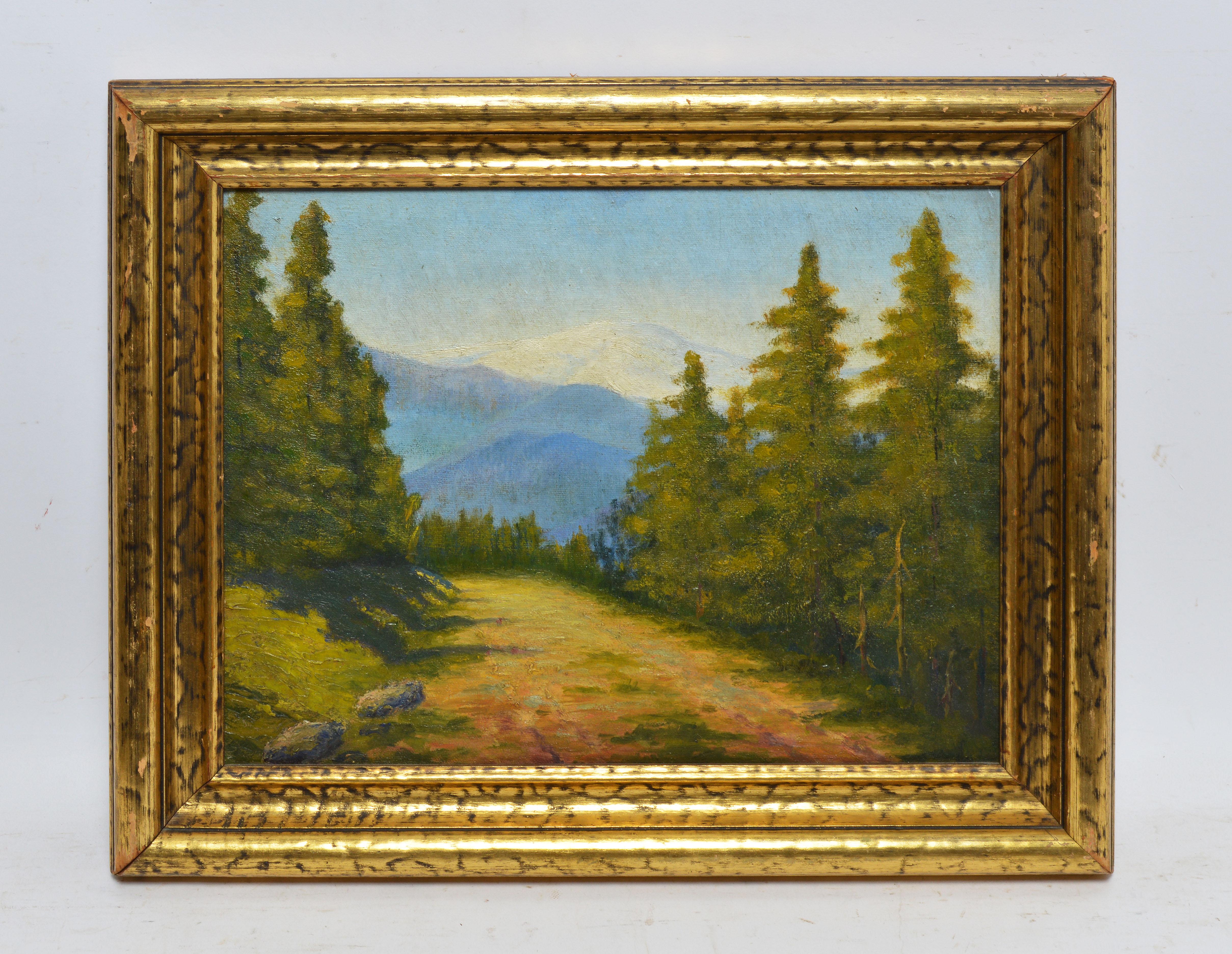 American School Antique Oil Painting Impressionist View of California Forest - Brown Landscape Painting by Unknown