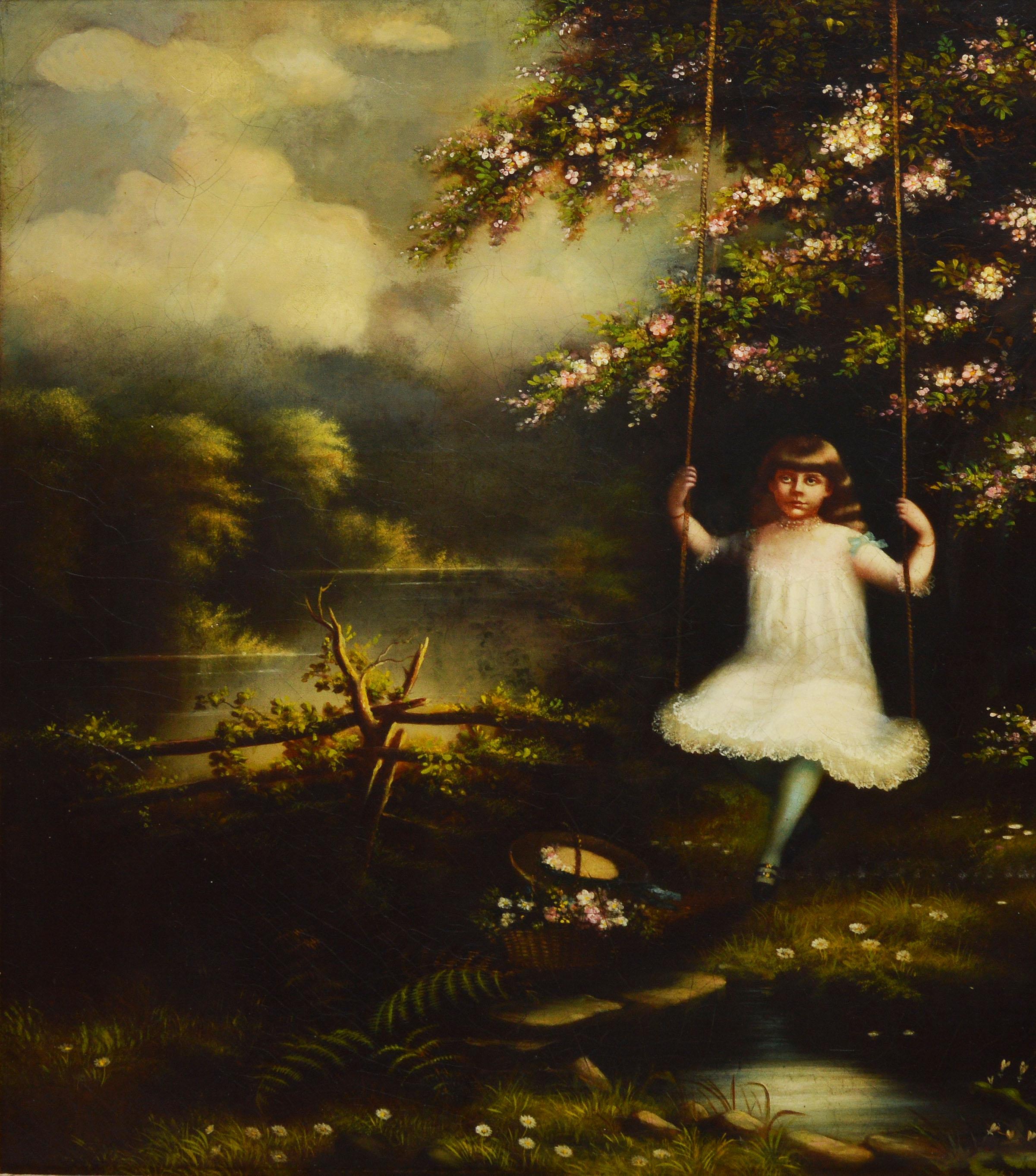 American School Landscape, Swinging by a River - Brown Landscape Painting by Unknown