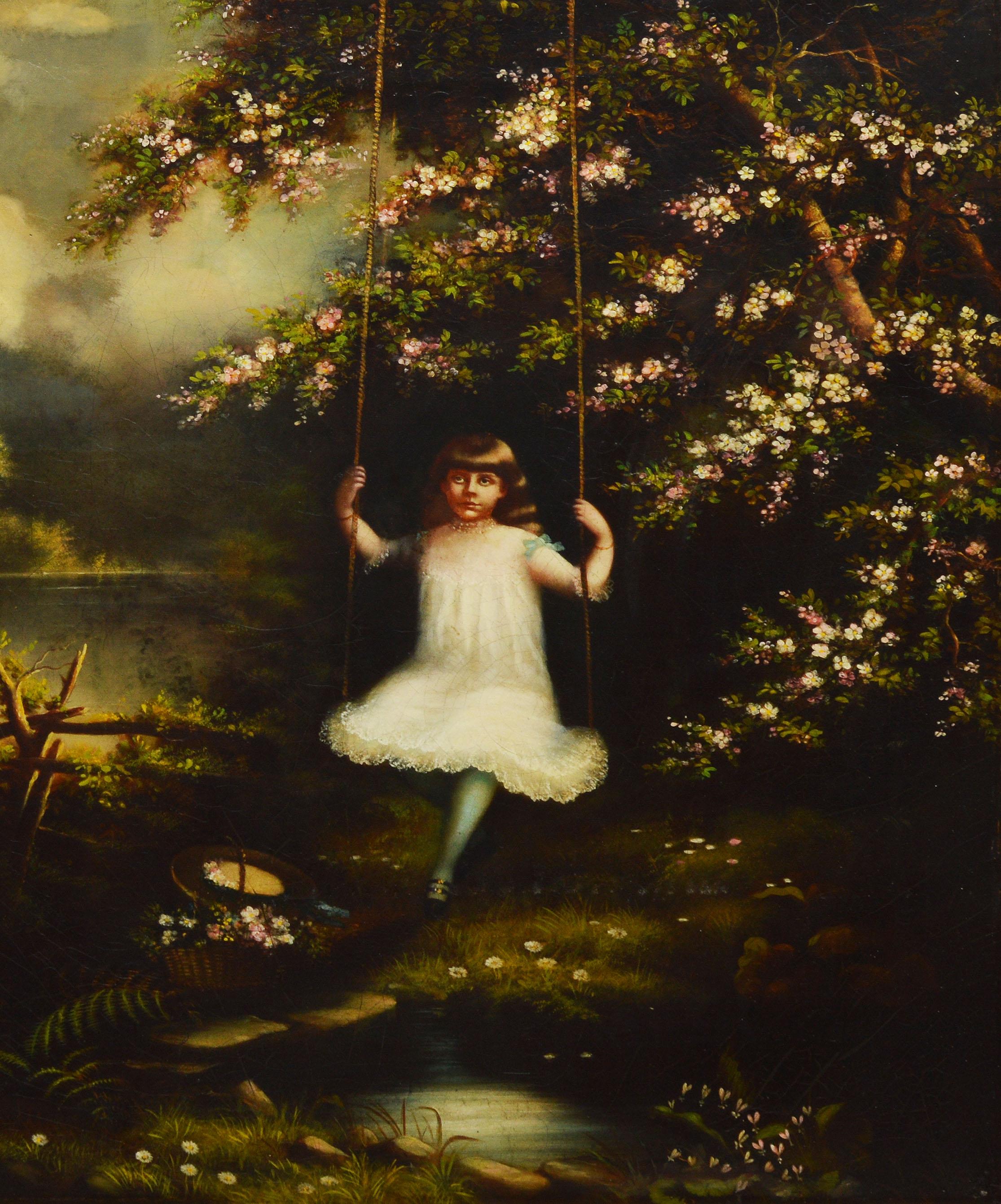American School landscape with a girl swinging by a river.  Oil on canvas, circa 1870.  Unsigned.  Displayed in a giltwood frame.  Image size, 23