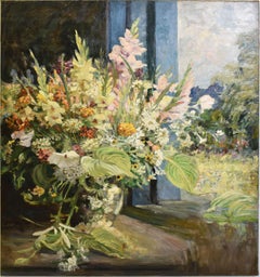 American School Large Impressionist Flower Still Life Antique Oil Painting