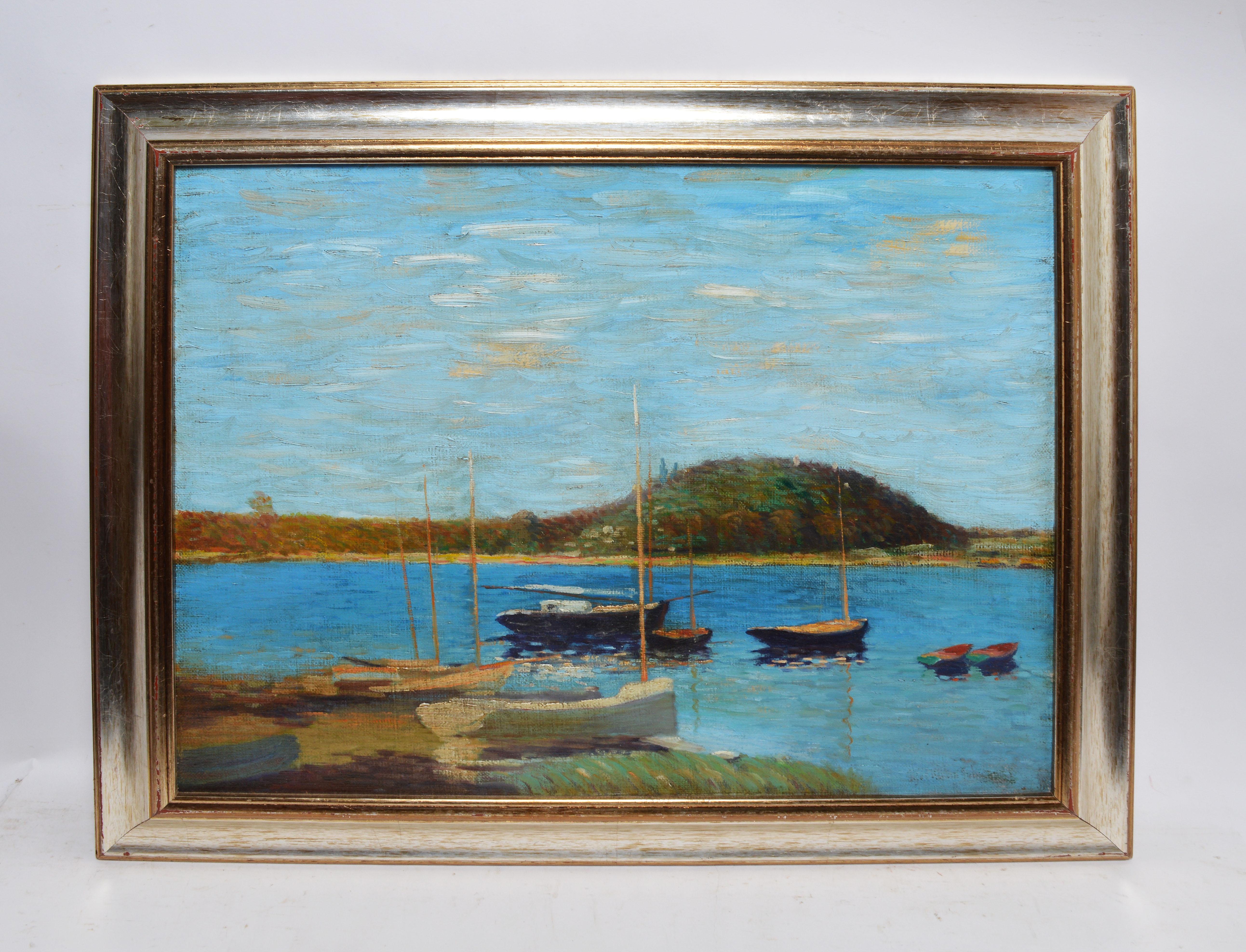 American School, Large Impressionist Lake View with Sailboats - Painting by Unknown