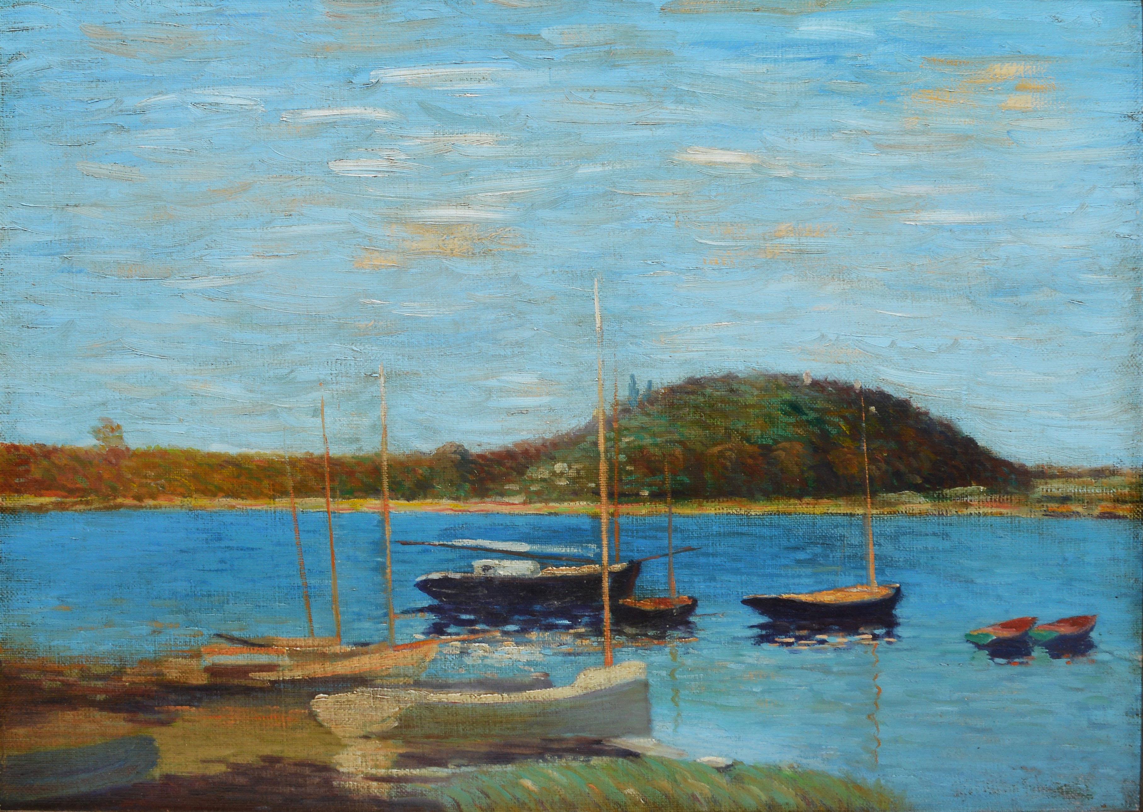 American School, Large Impressionist Lake View with Sailboats - Blue Landscape Painting by Unknown