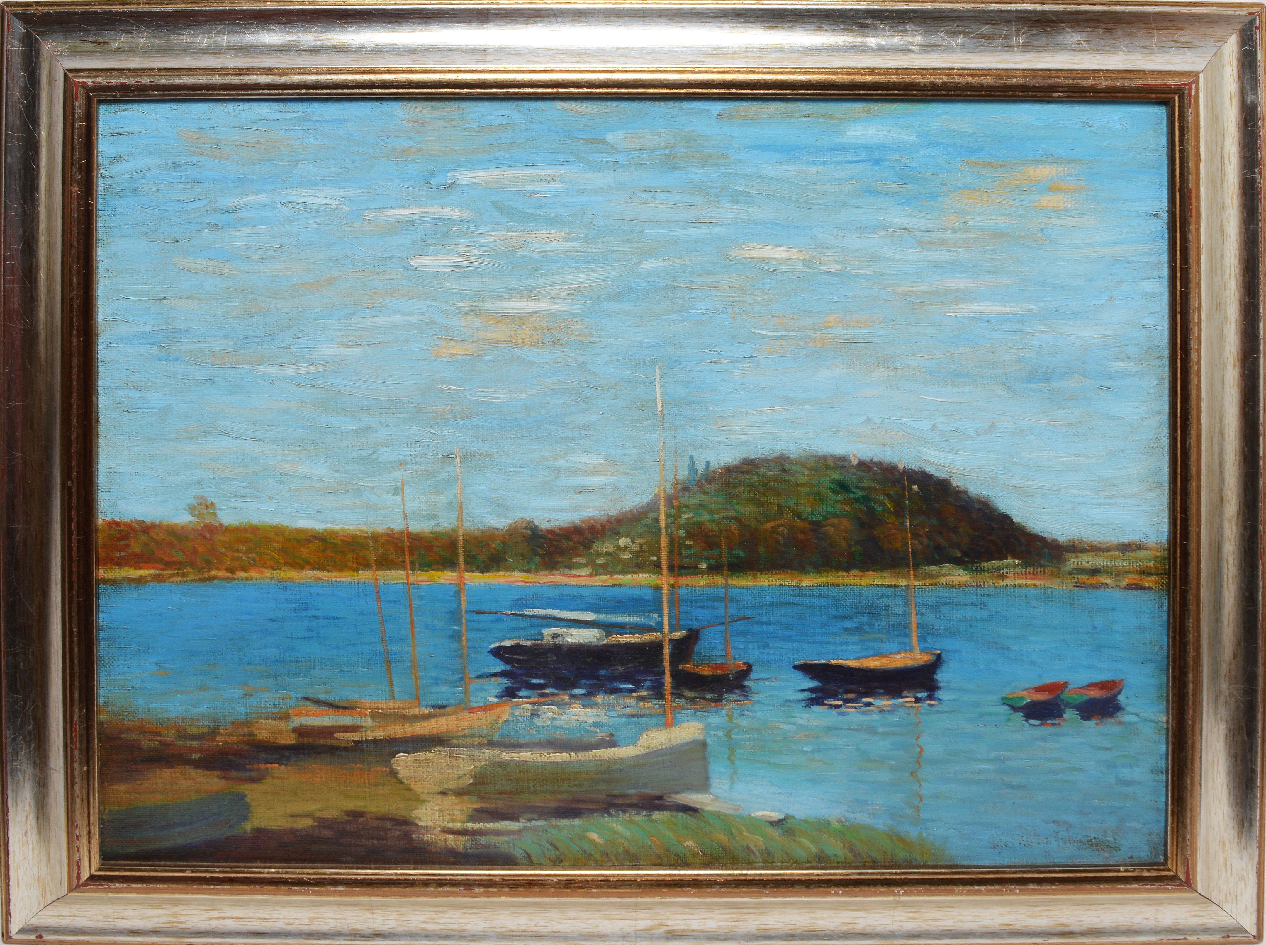 Unknown Landscape Painting - American School, Large Impressionist Lake View with Sailboats
