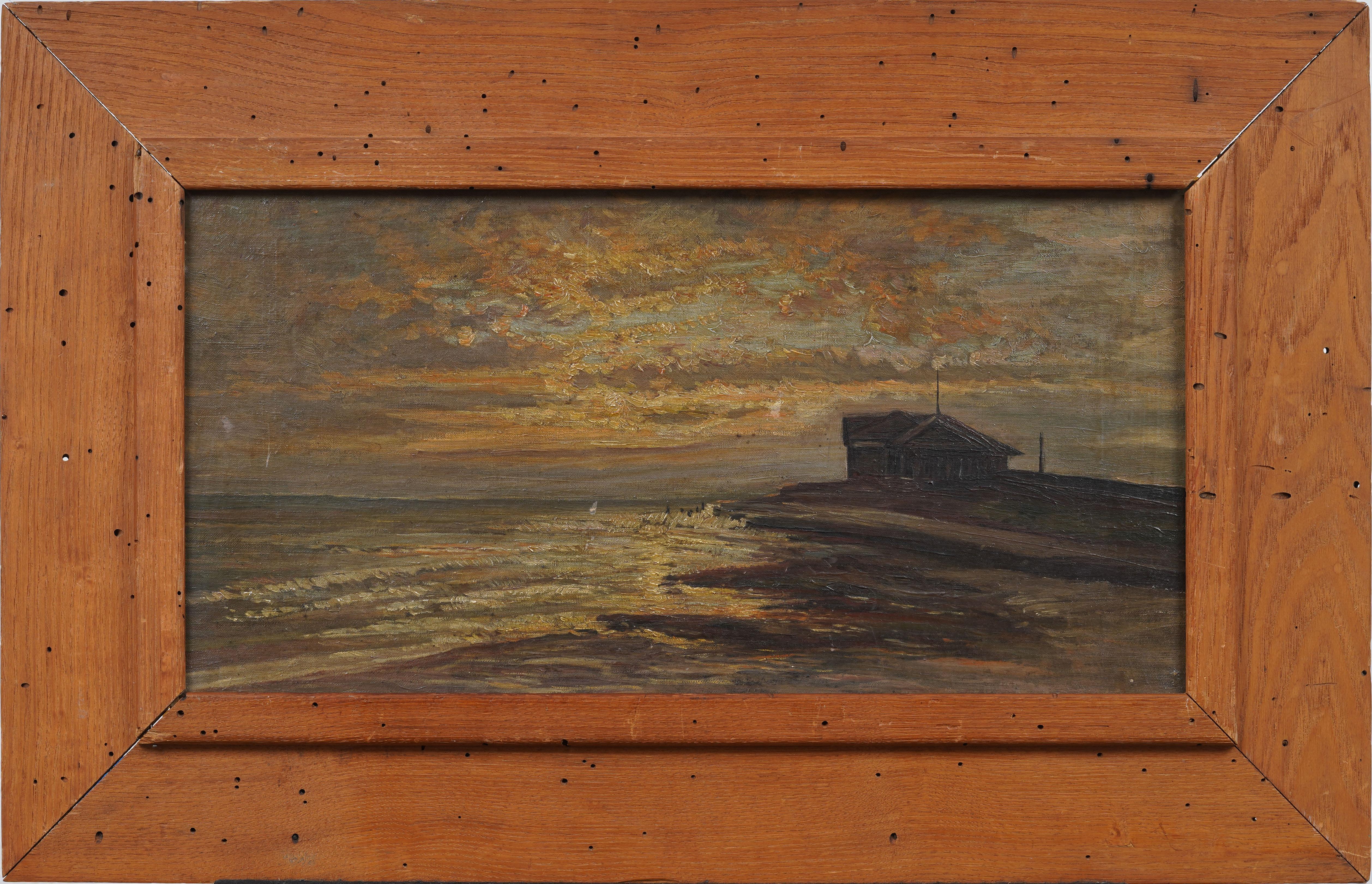 Landscape Painting Unknown - Ecole américaine Long Island Sunset Beach Scene Seascape Peinture originale encadrée