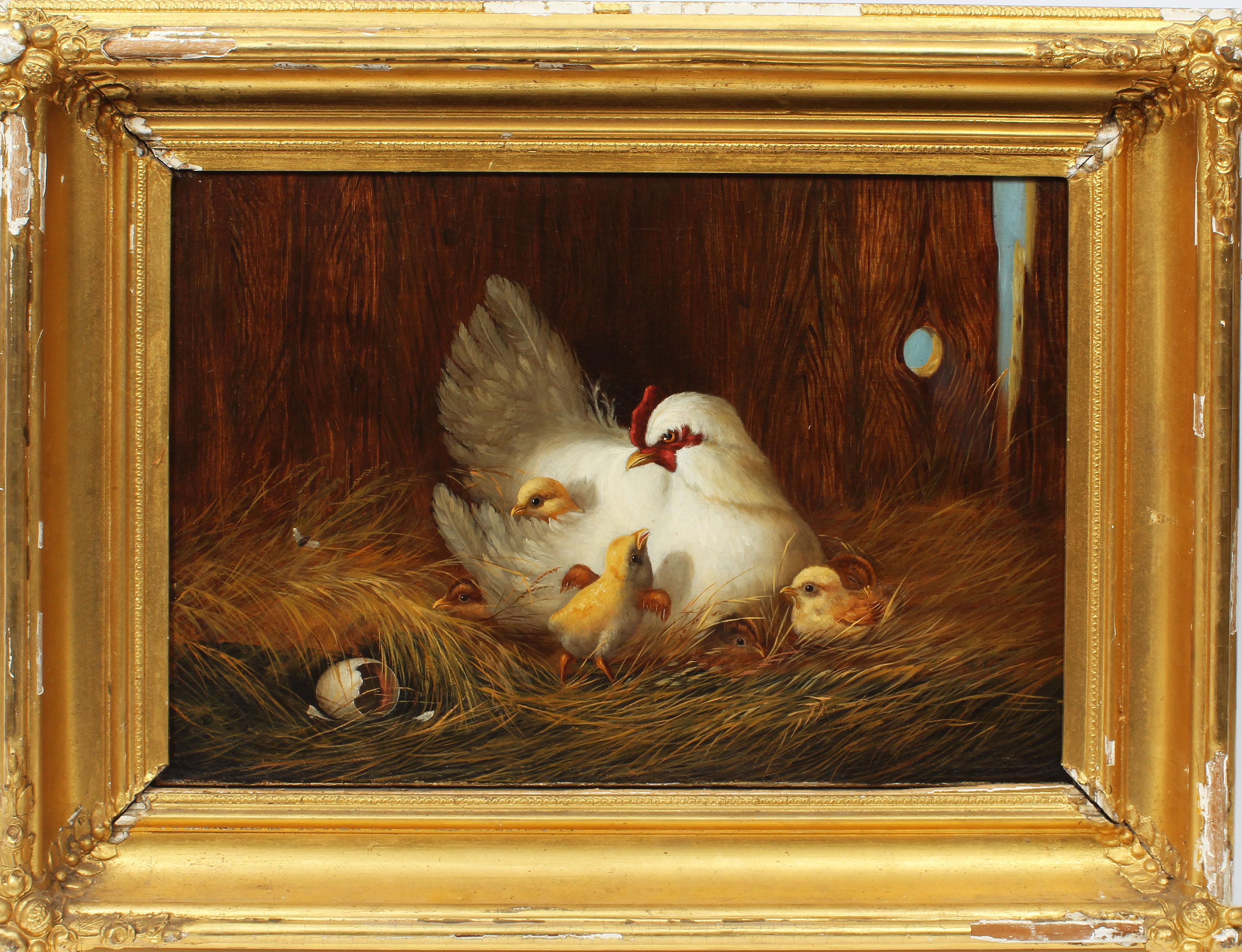 American School Masterpiece Museum Quality Chicken Chick Farm Rare Oil Painting
